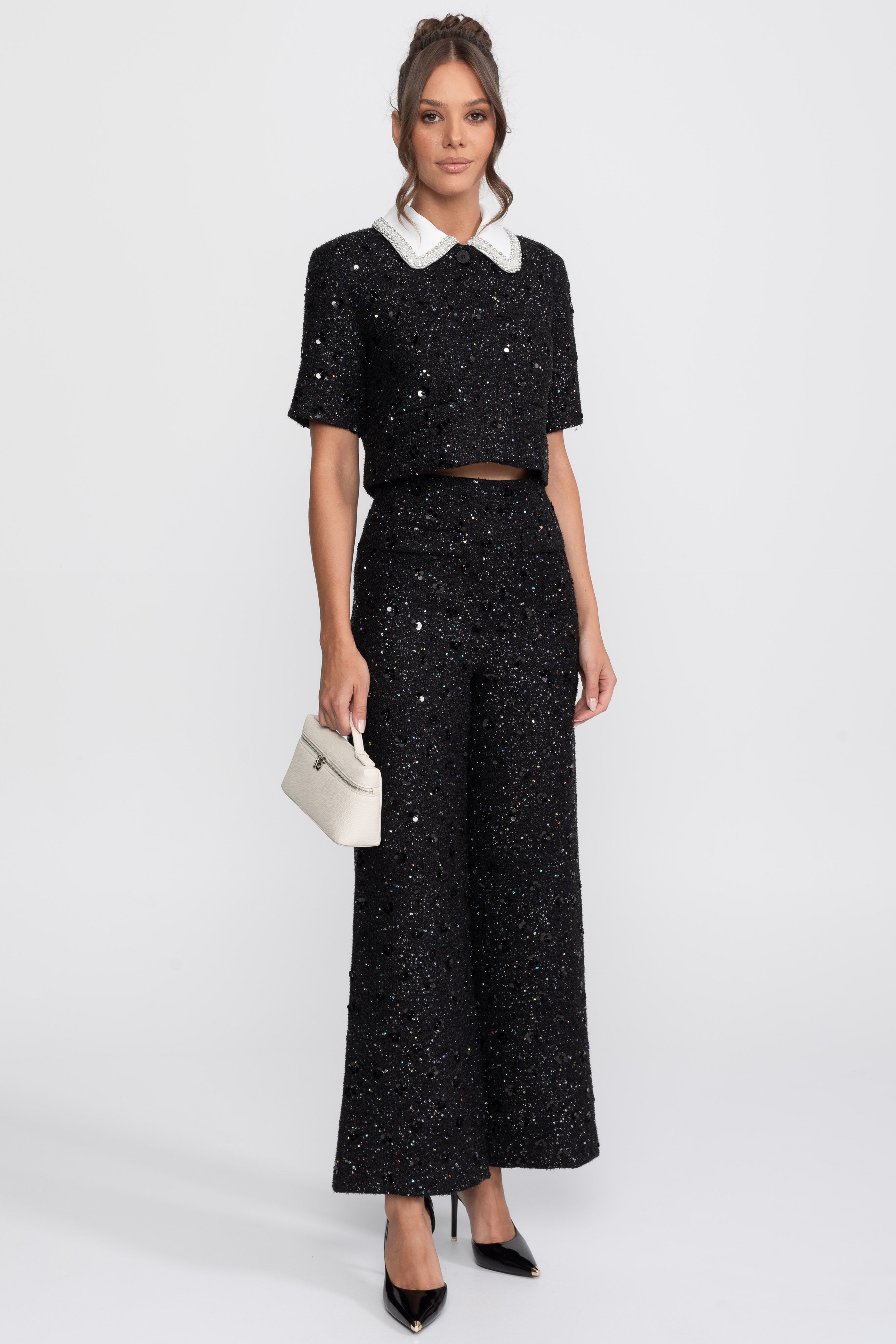 Giacca cropped in tweed a maniche corte con colletto a contrasto e dettaglio di paillettes - Nero 