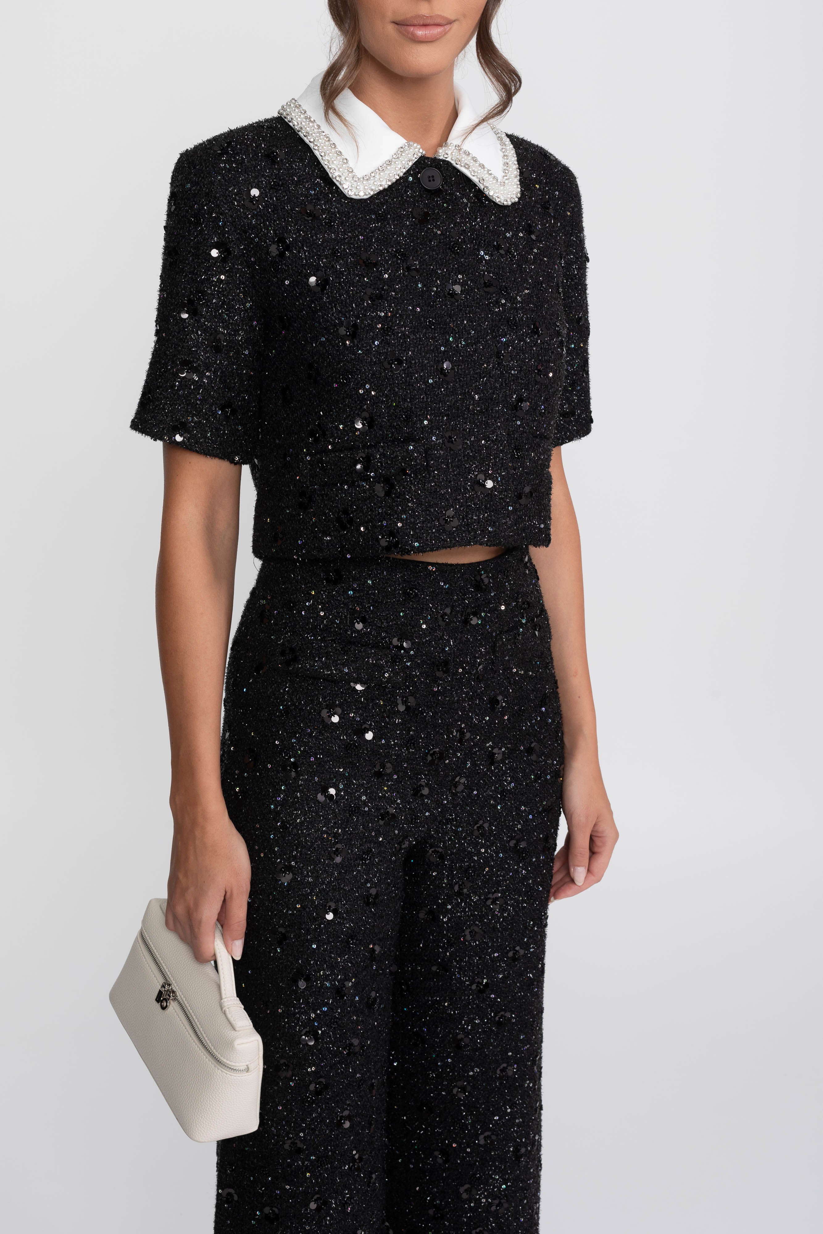 Giacca cropped in tweed a maniche corte con colletto a contrasto e dettaglio di paillettes - Nero 