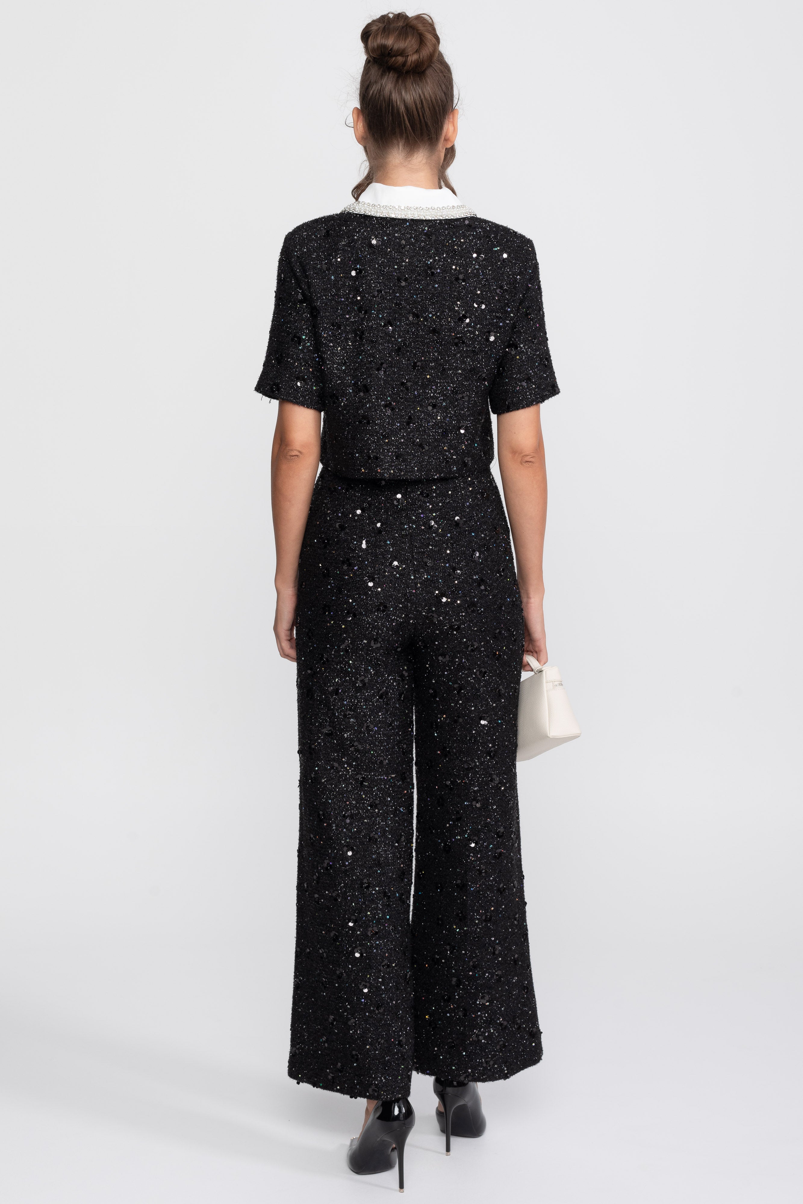 Giacca cropped in tweed a maniche corte con colletto a contrasto e dettaglio di paillettes - Nero 