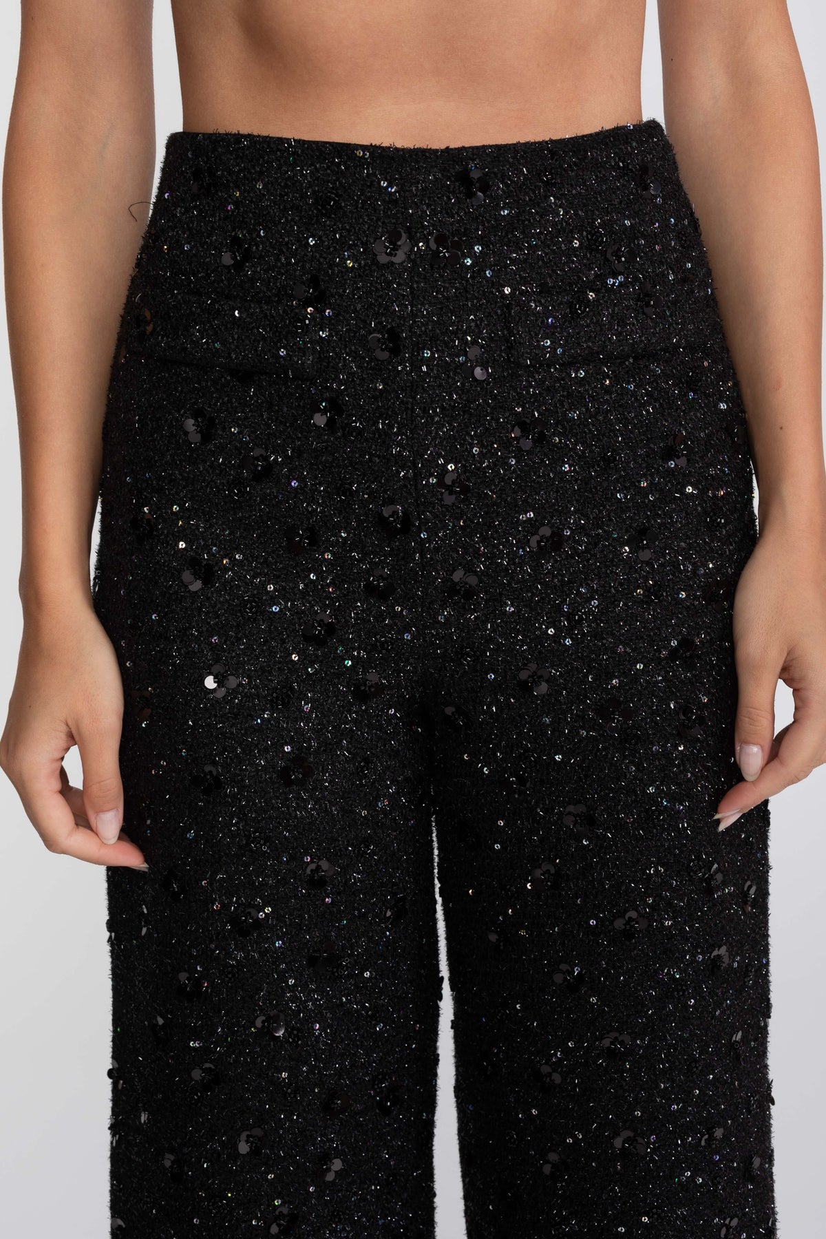 Pantaloni in tweed a gamba larga con dettaglio di paillettes - Nero 