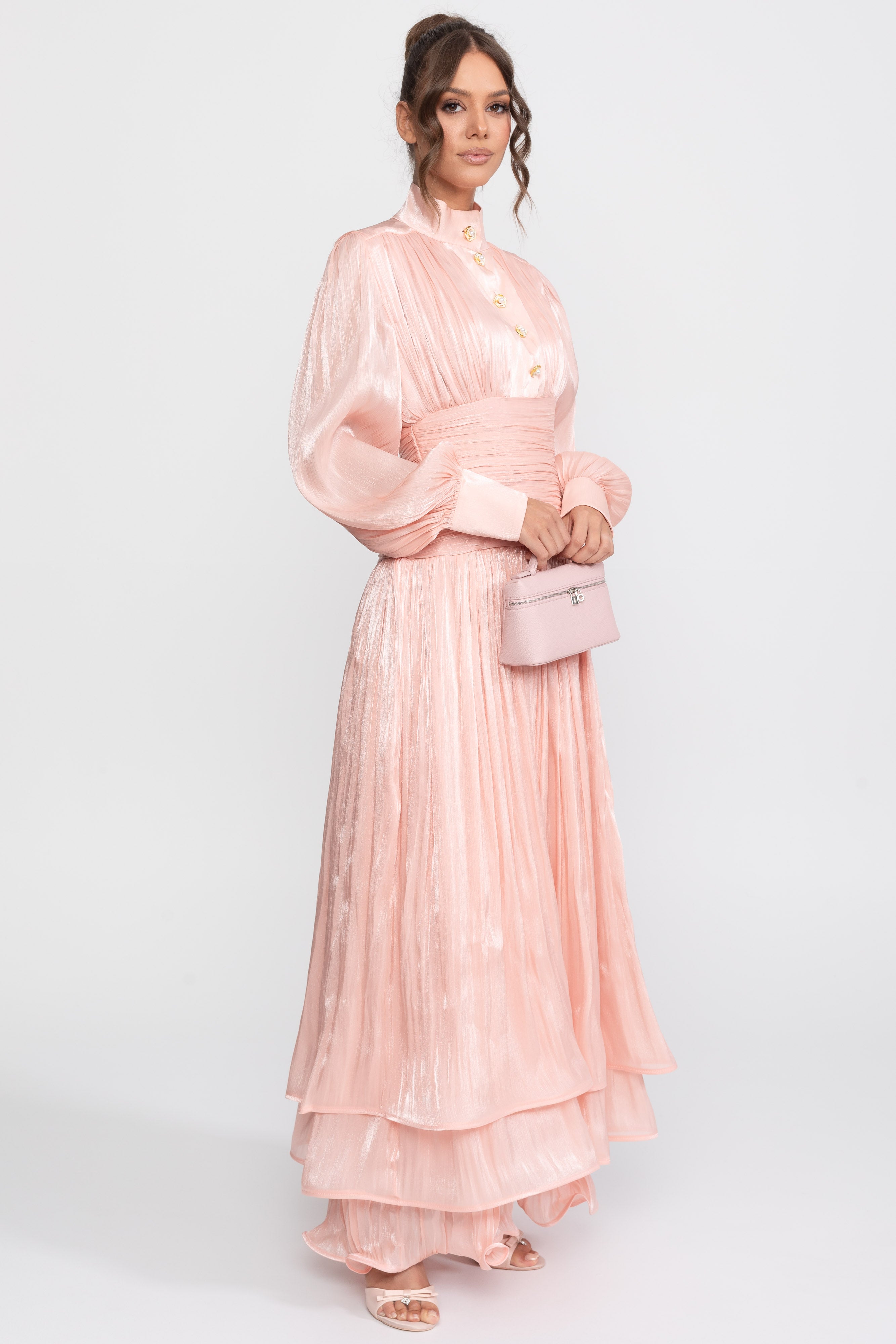 Abito maxi a balze con maniche a palloncino e bottoni rosa gioiello - Peach 