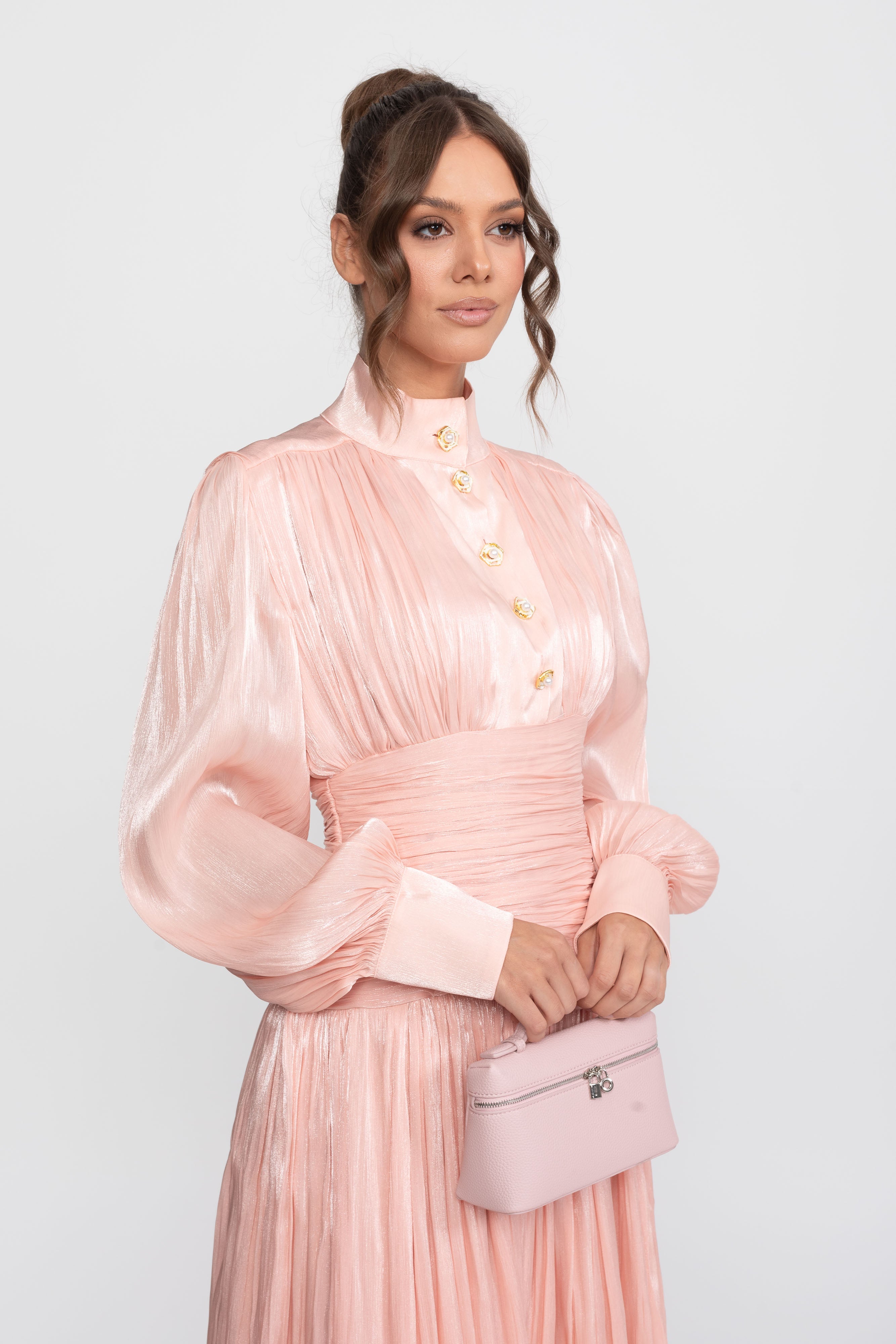 Abito maxi a balze con maniche a palloncino e bottoni rosa gioiello - Peach 