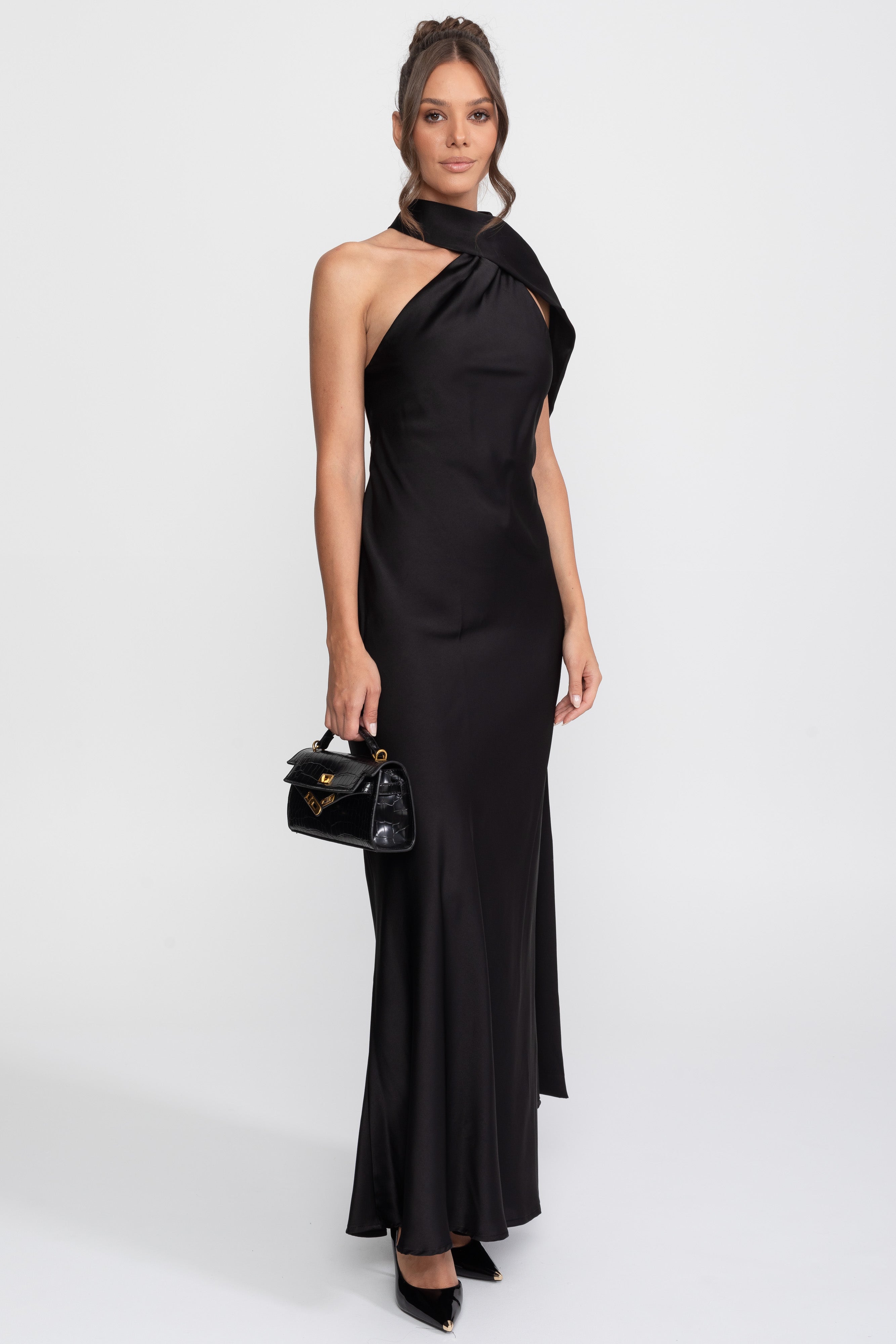 Twist Halter Abito Slip in Satin con Scollatura Asimmetrica - Nero 