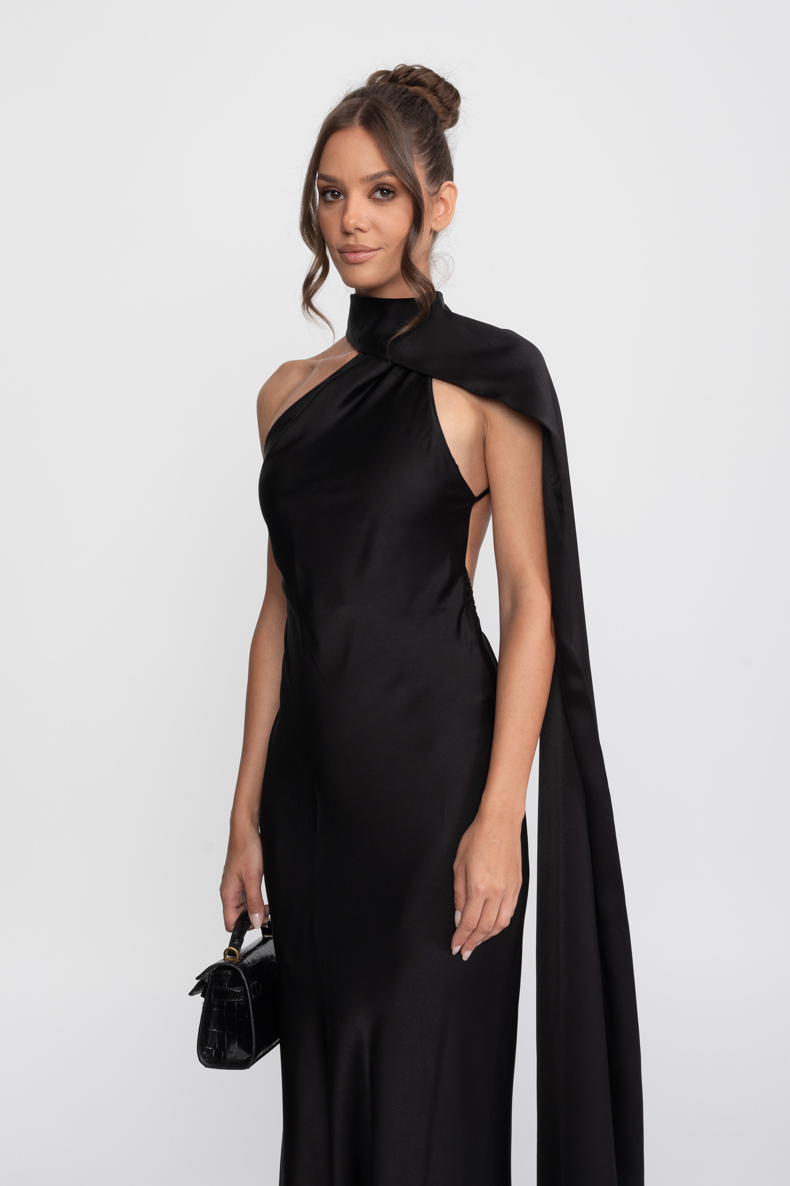 Twist Halter Abito Slip in Satin con Scollatura Asimmetrica - Nero 