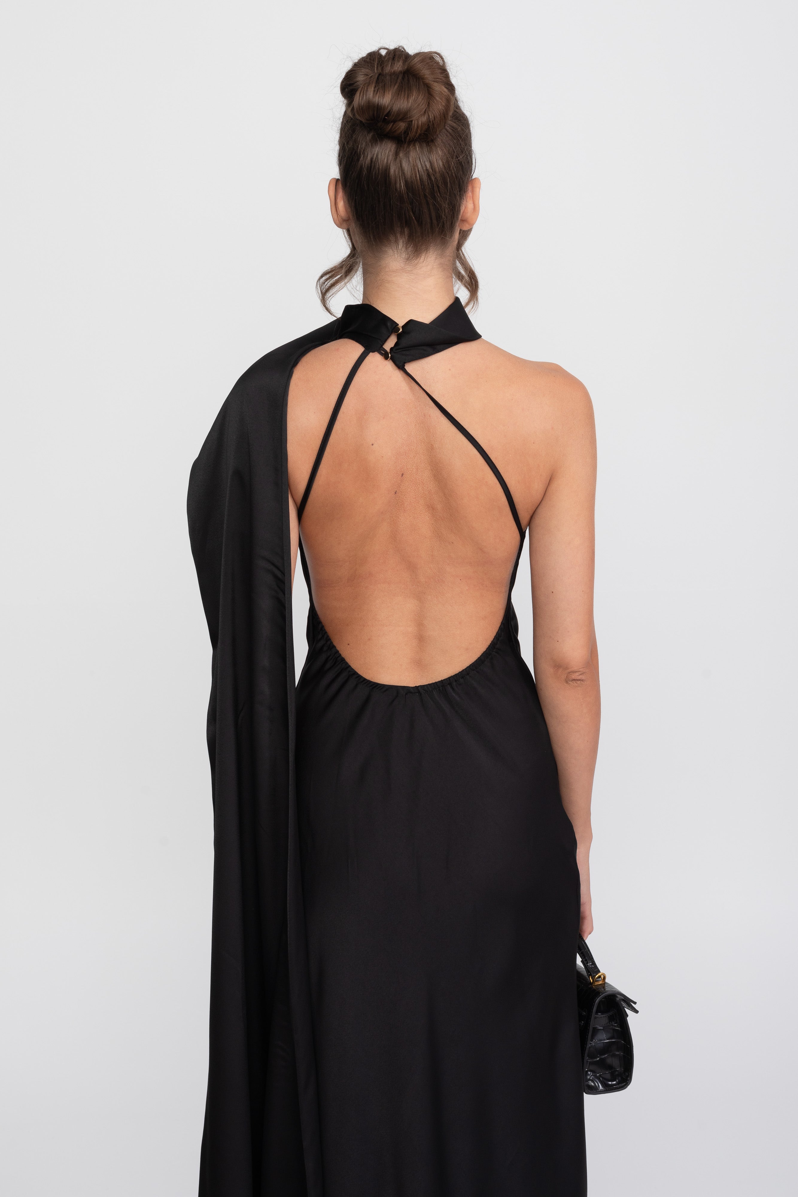 Twist Halter Abito Slip in Satin con Scollatura Asimmetrica - Nero 
