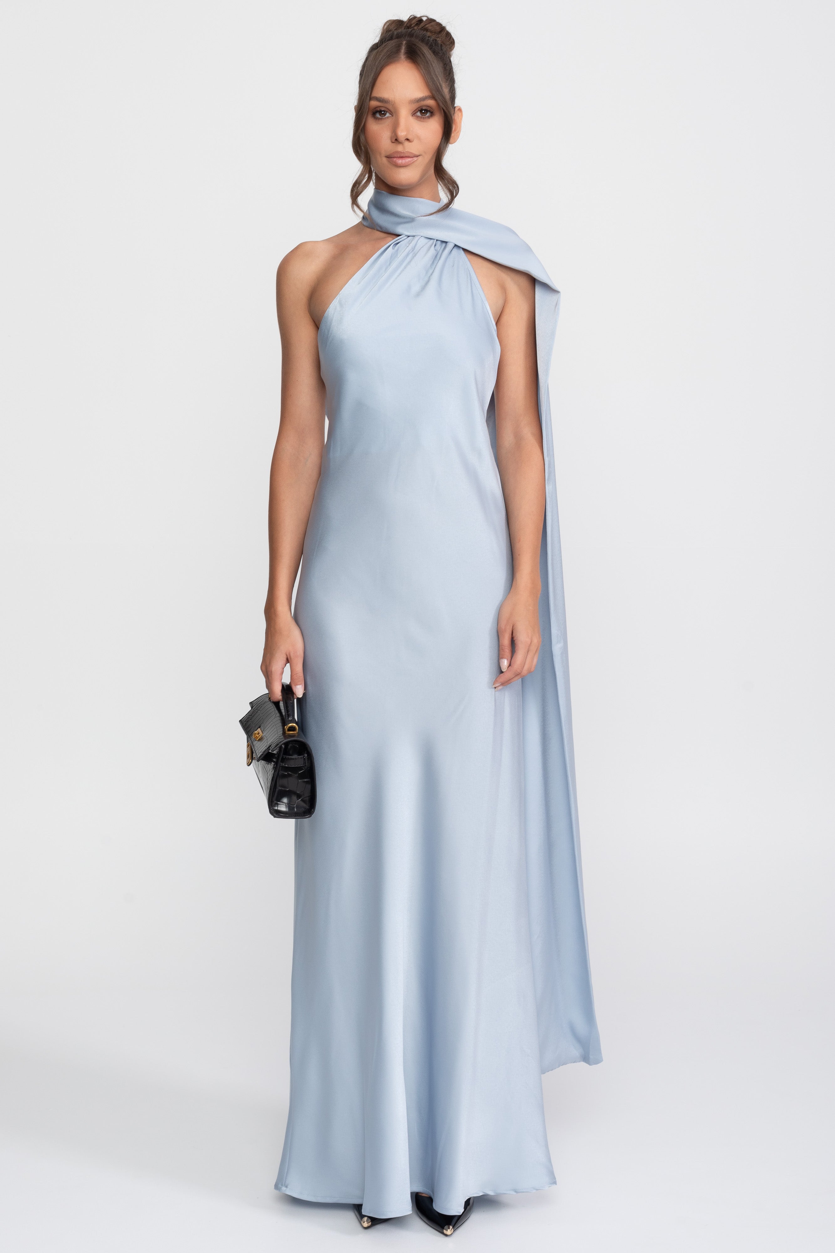 Twist Halter Satin Slip Dress con scollo asimmetrico - Blu 