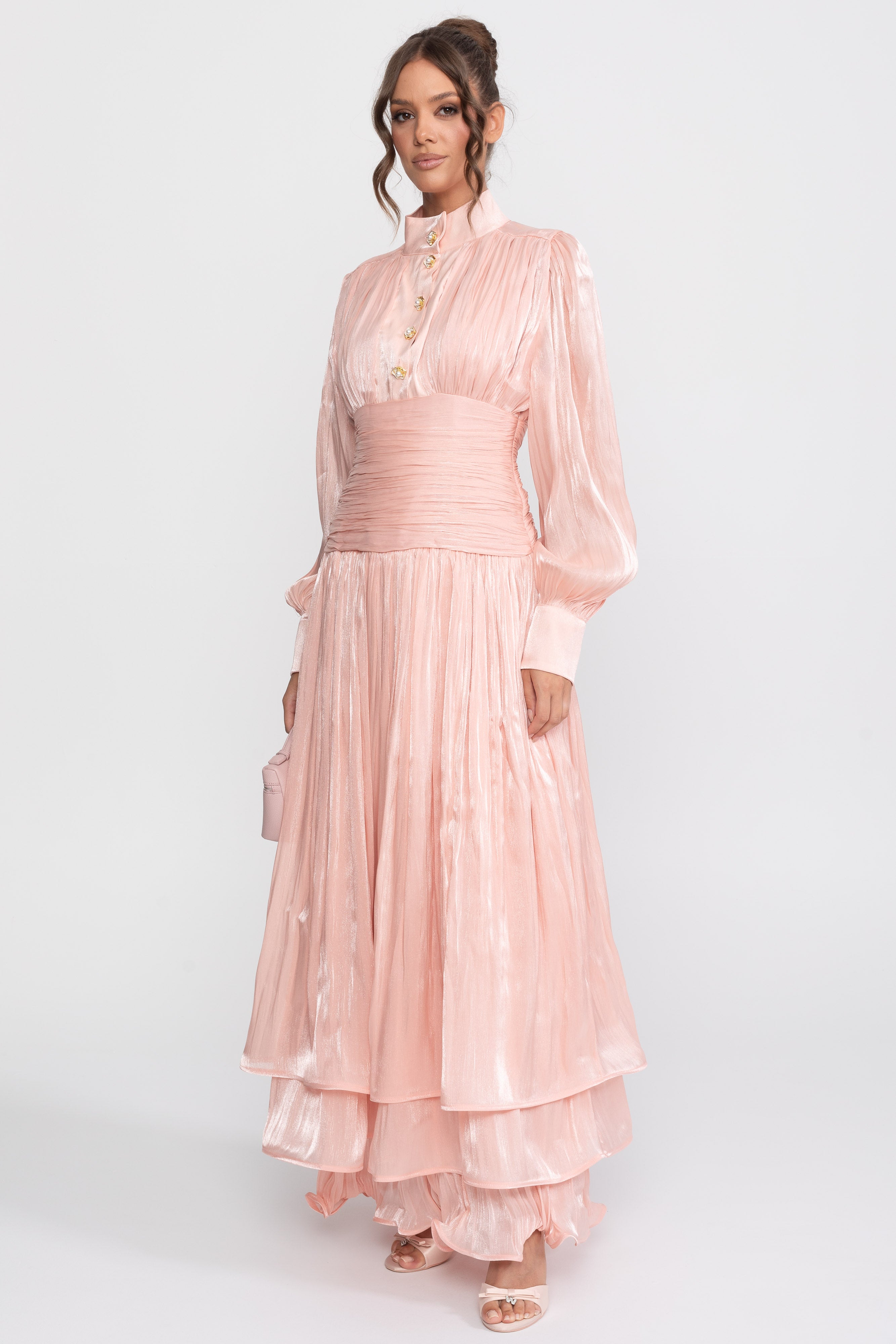 Abito maxi a balze con maniche a palloncino e bottoni rosa gioiello - Peach 