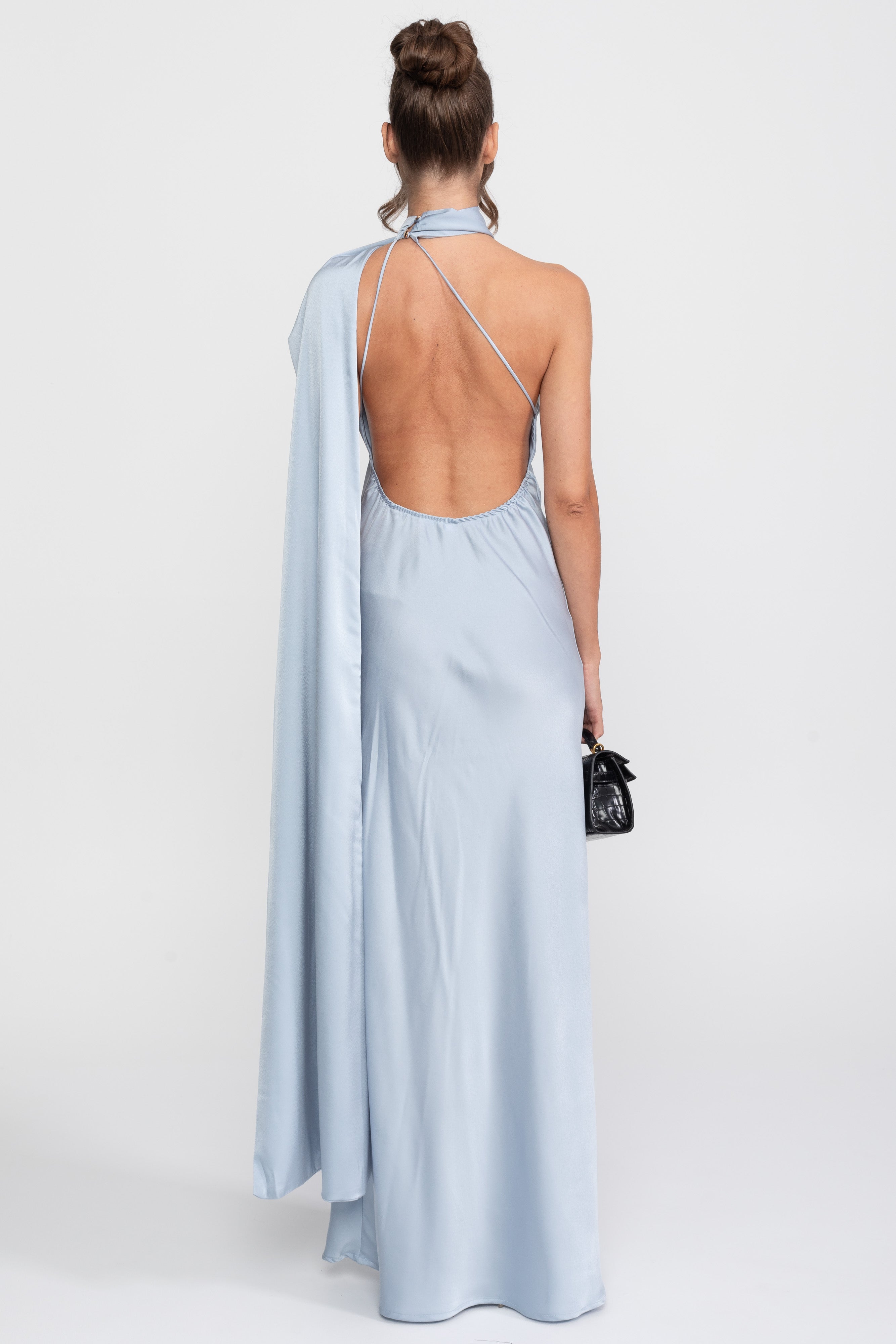 Twist Halter Satin Slip Dress con scollo asimmetrico - Blu 