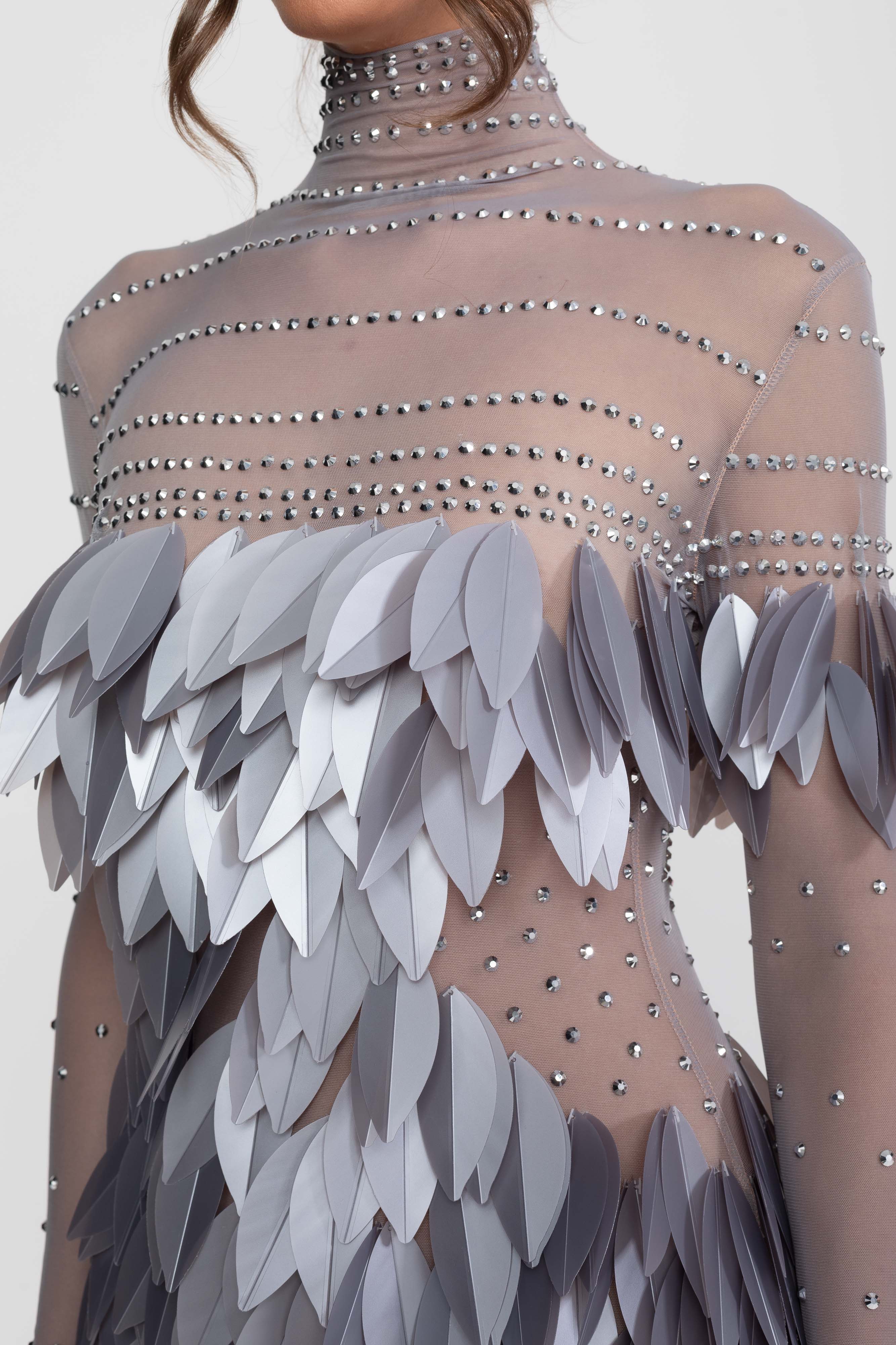 Sheer Mesh Feather-Panel Mini Dress With Crystal Neckline - Gray