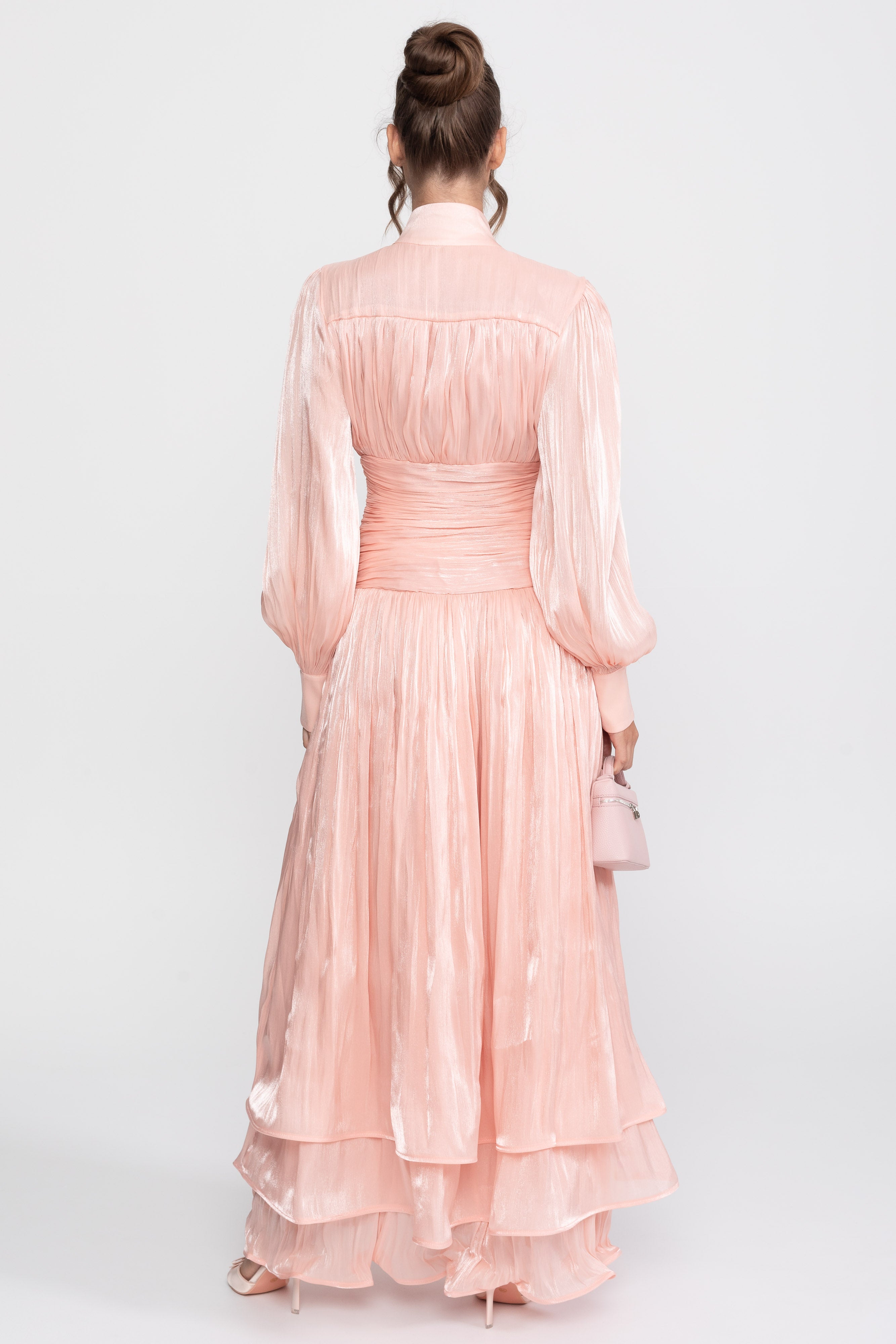 Abito maxi a balze con maniche a palloncino e bottoni rosa gioiello - Peach 