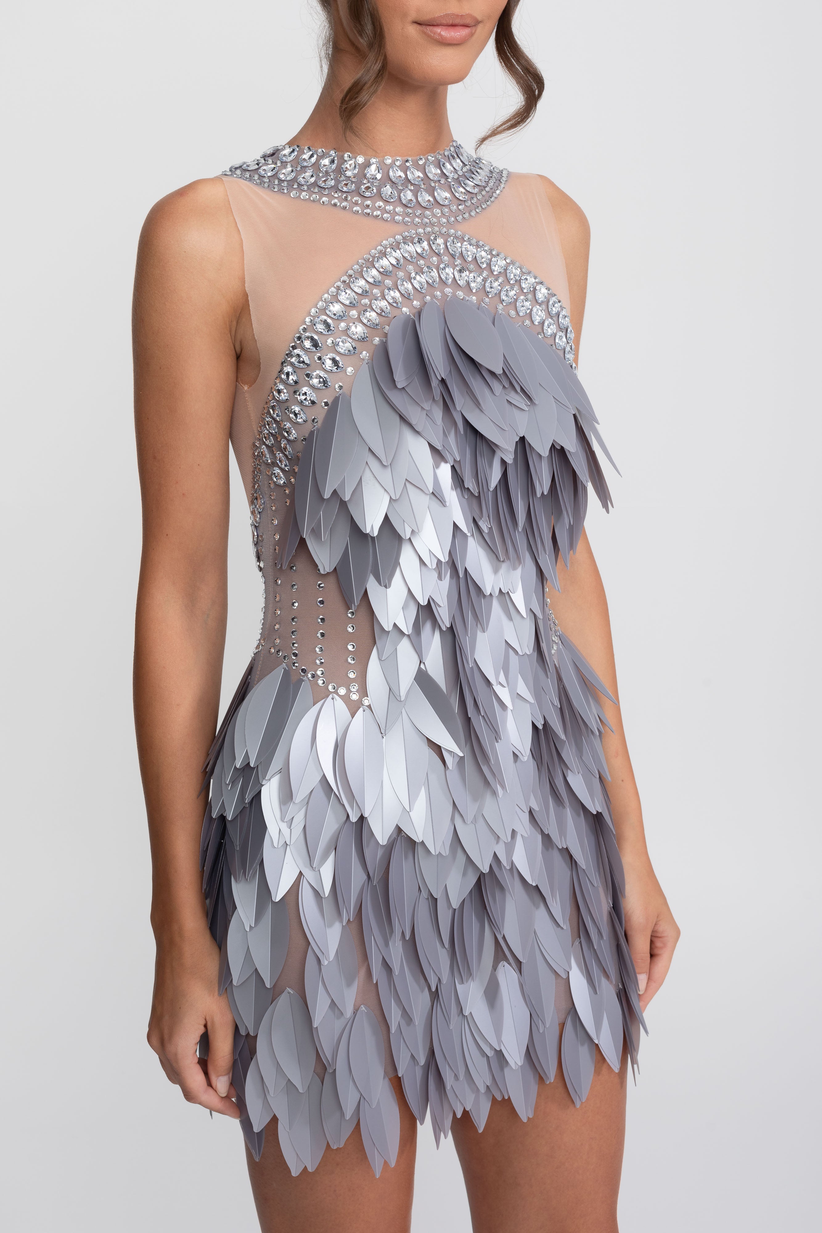 Sleeveless Sheer Mesh Feather-Panel Mini Dress With Crystals  - Gray