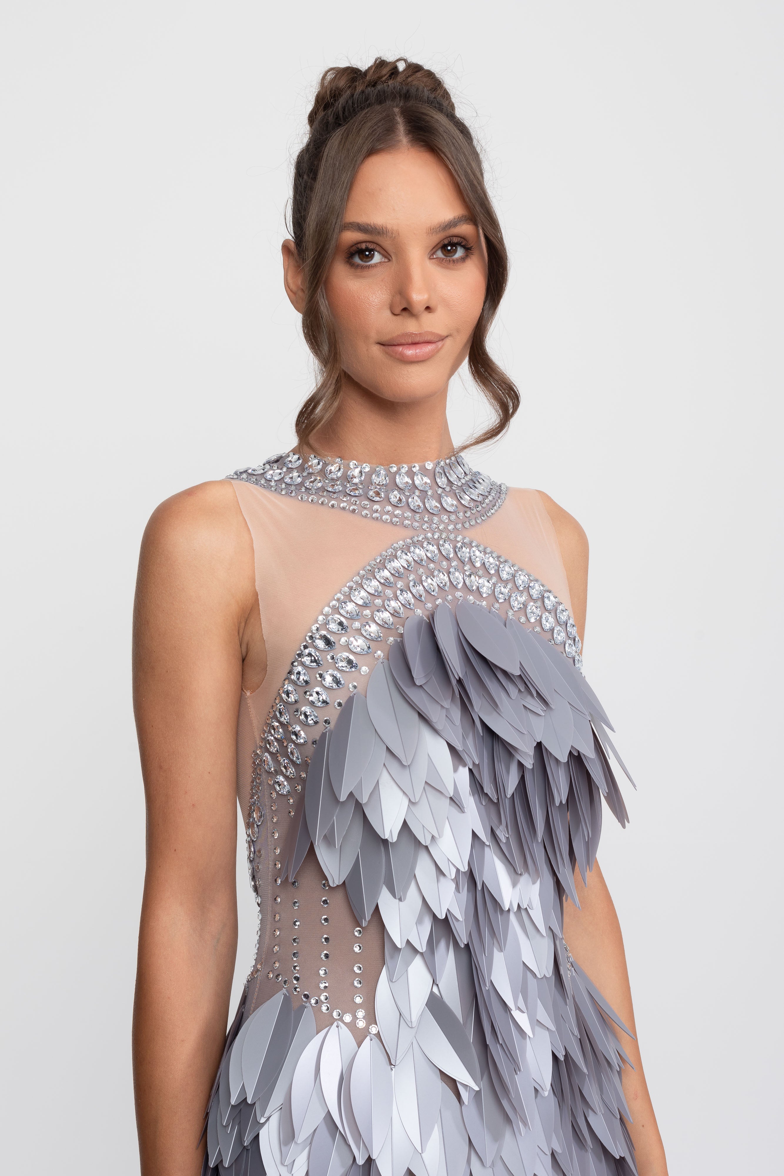 Sleeveless Sheer Mesh Feather-Panel Mini Dress With Crystals  - Gray