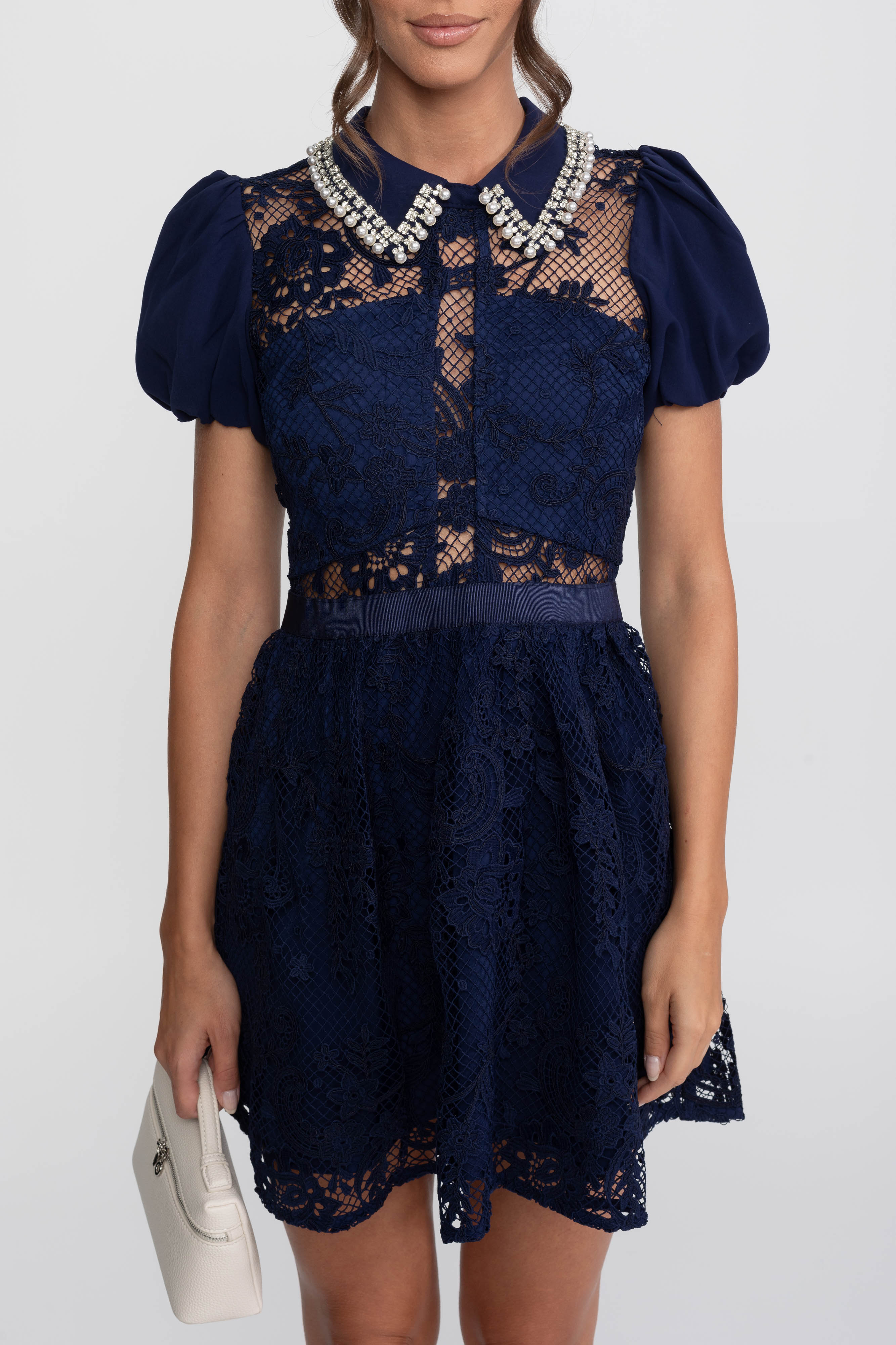 Mini abito in pizzo con maniche a sbuffo e colletto di perle - Navy 