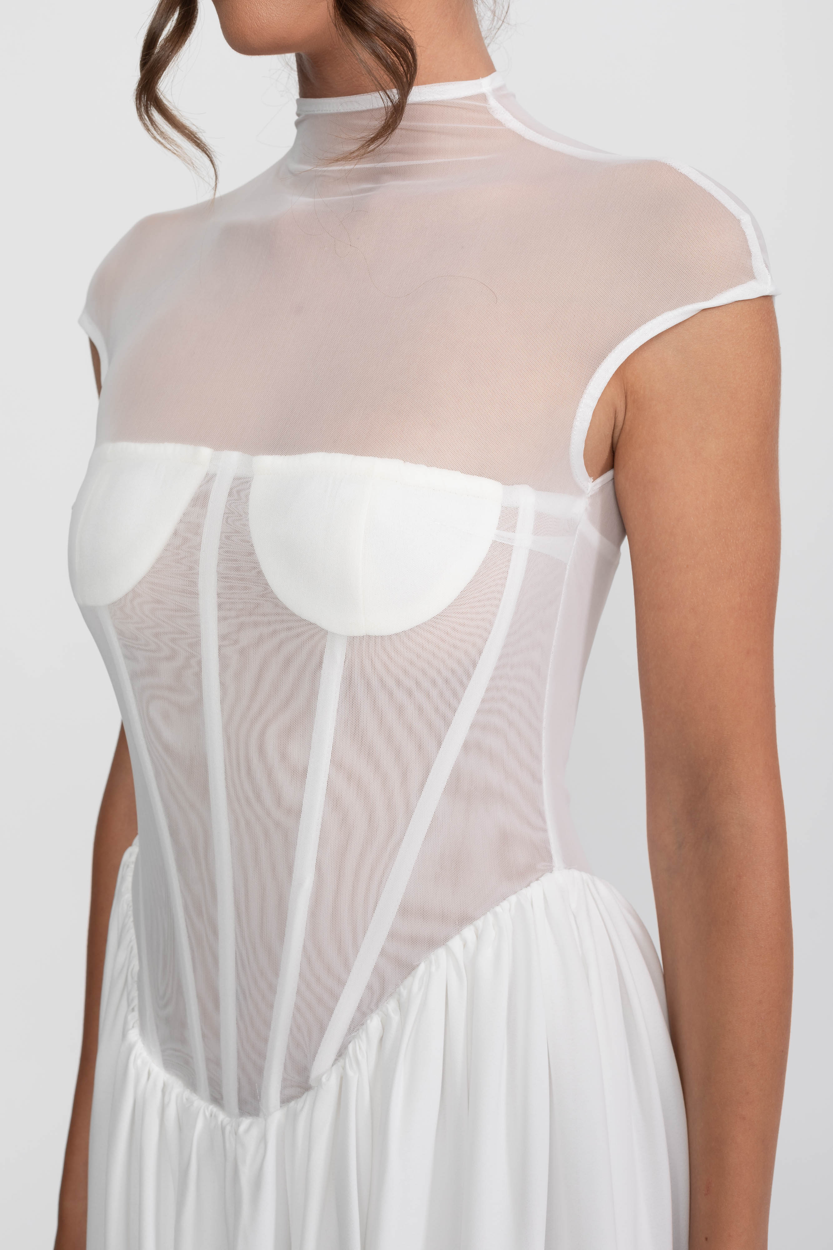 Sheer Corset Maxi Dress With Cap Sleeves - White