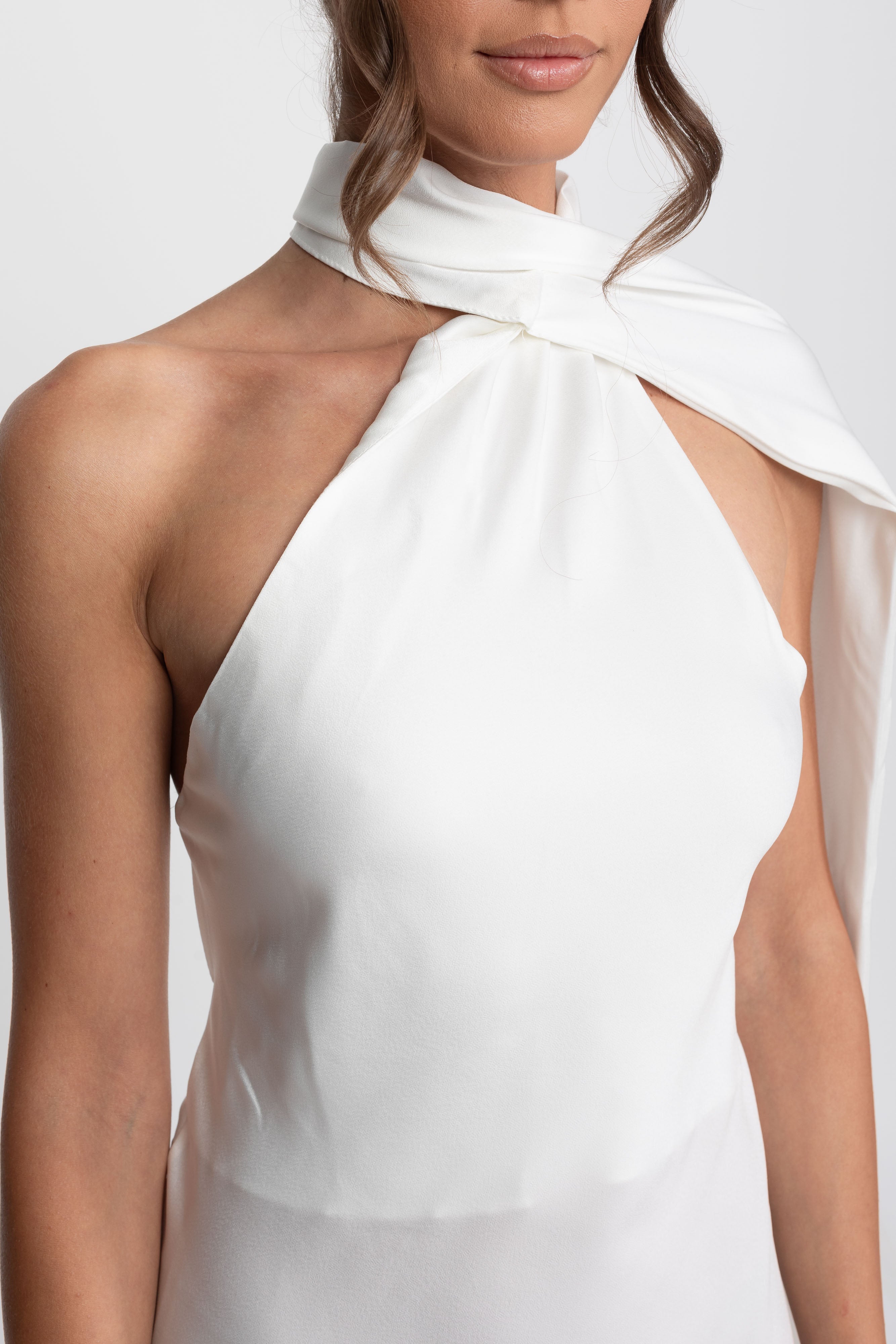 Twist Halter Satin Slip Dress With Asymmetric Neckline - White