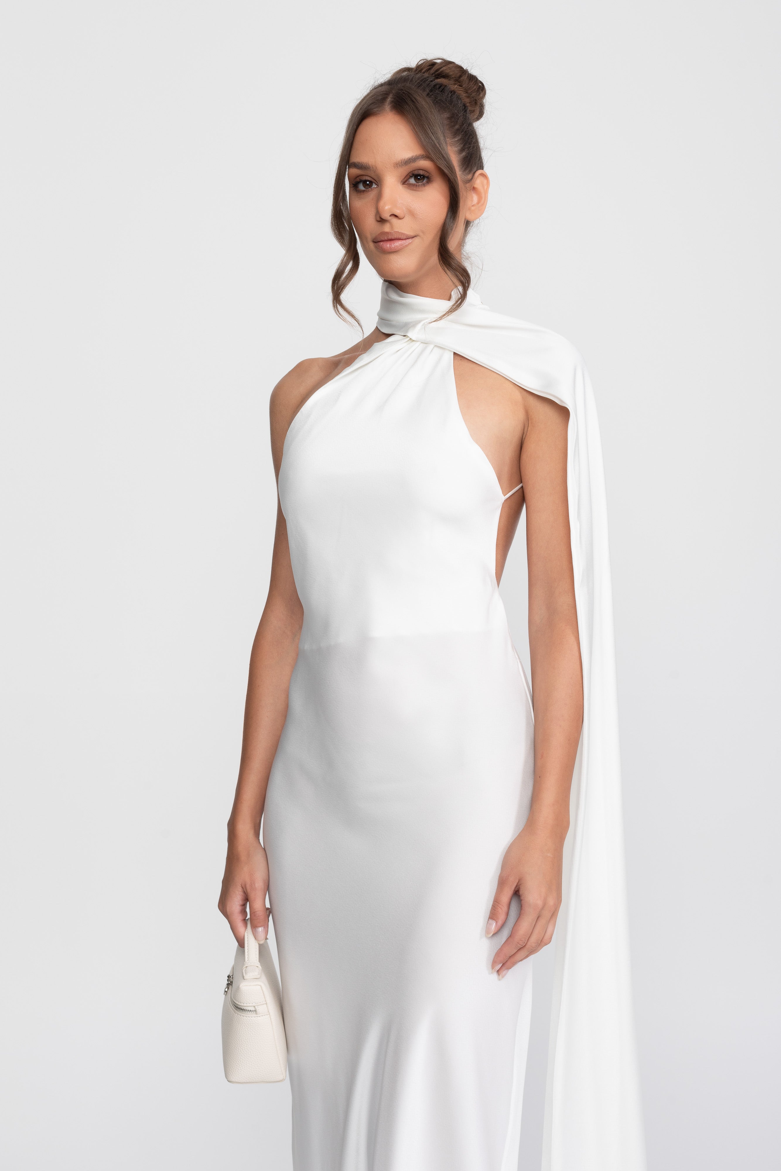 Twist Halter Satin Slip Dress With Asymmetric Neckline - White