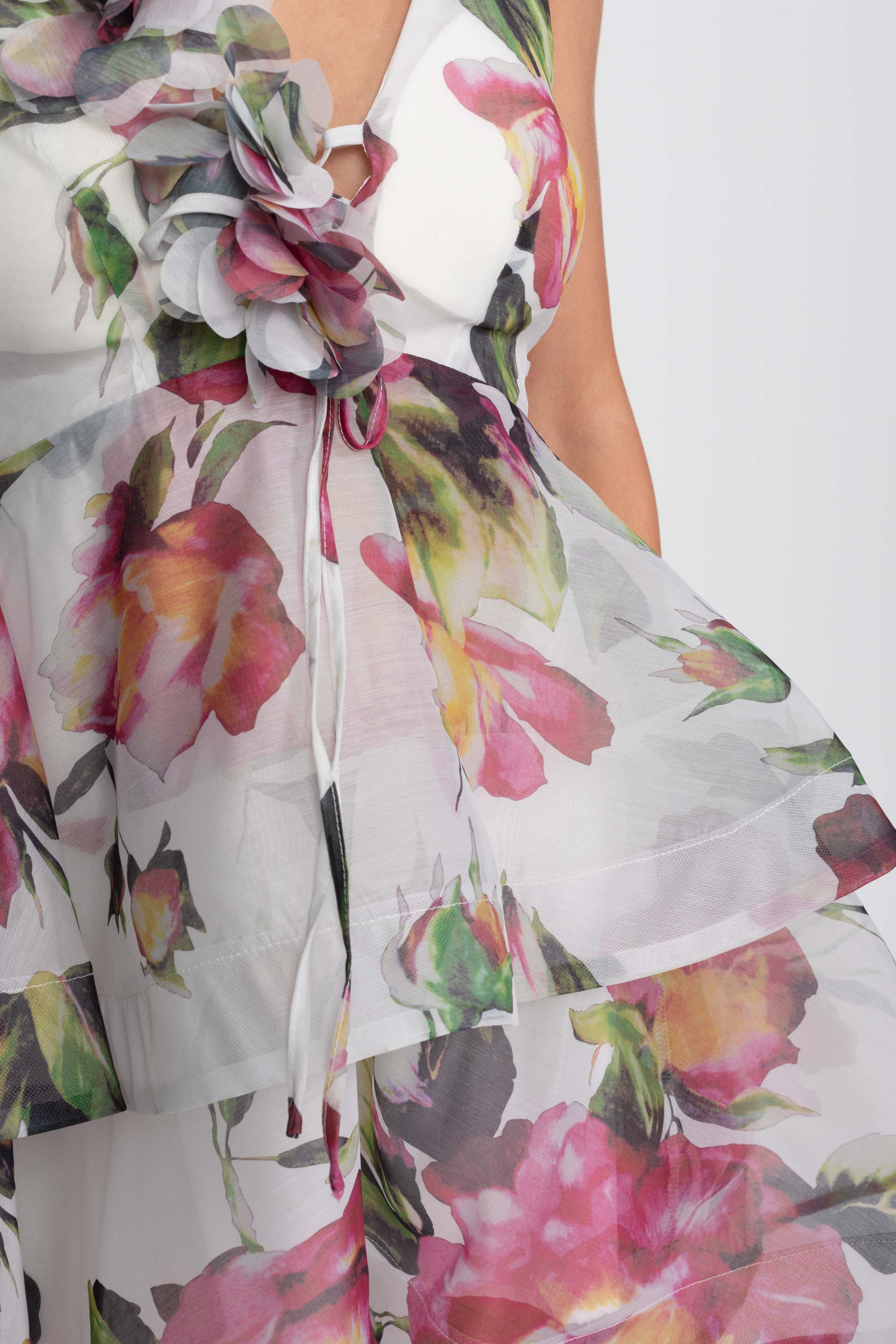 Floral Print Tiered Mini Dress With Ruffled Shoulder Strap - White