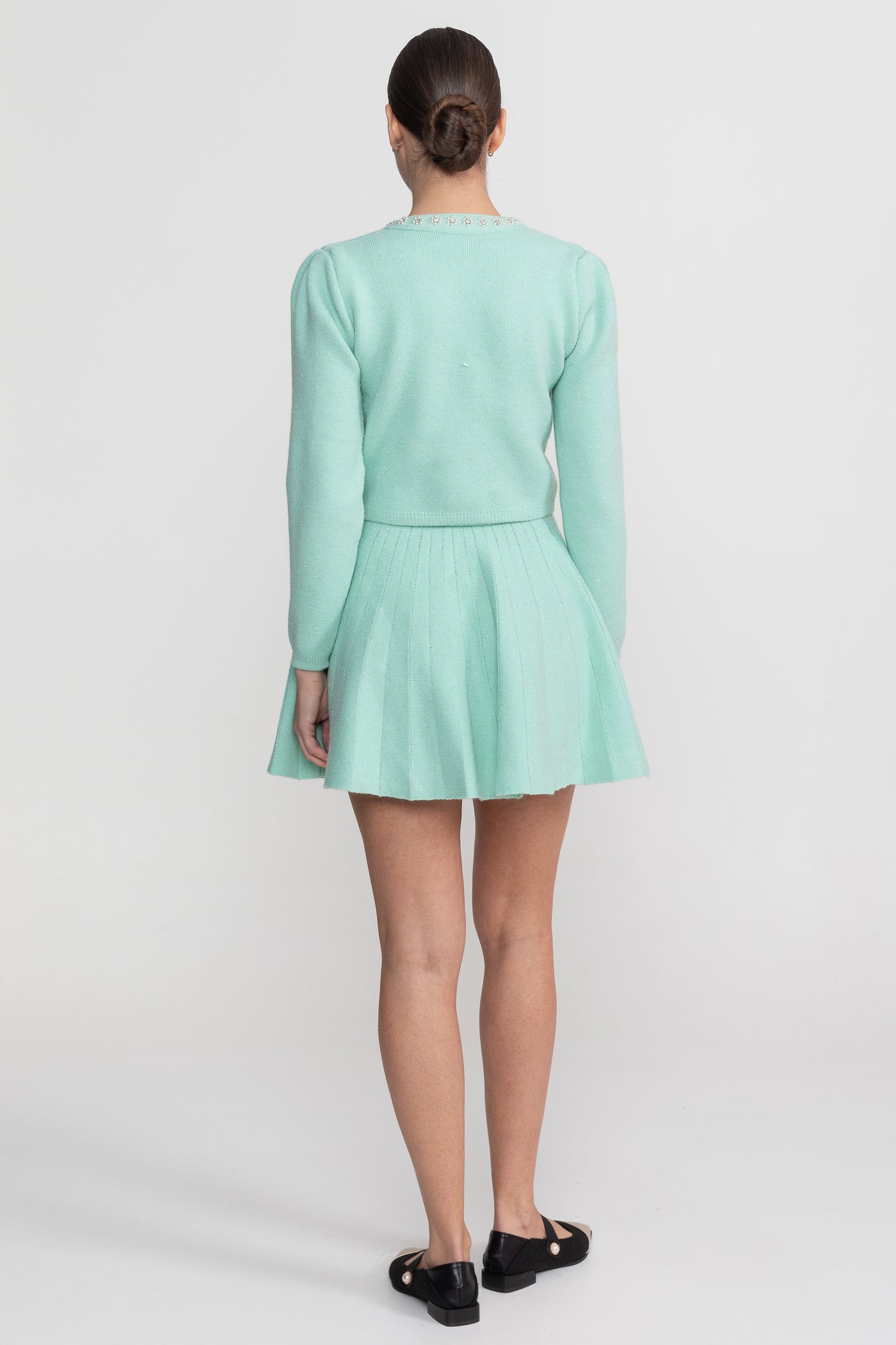 Completo in maglia con cardigan a maniche lunghe e minigonna coordinata - Teal 