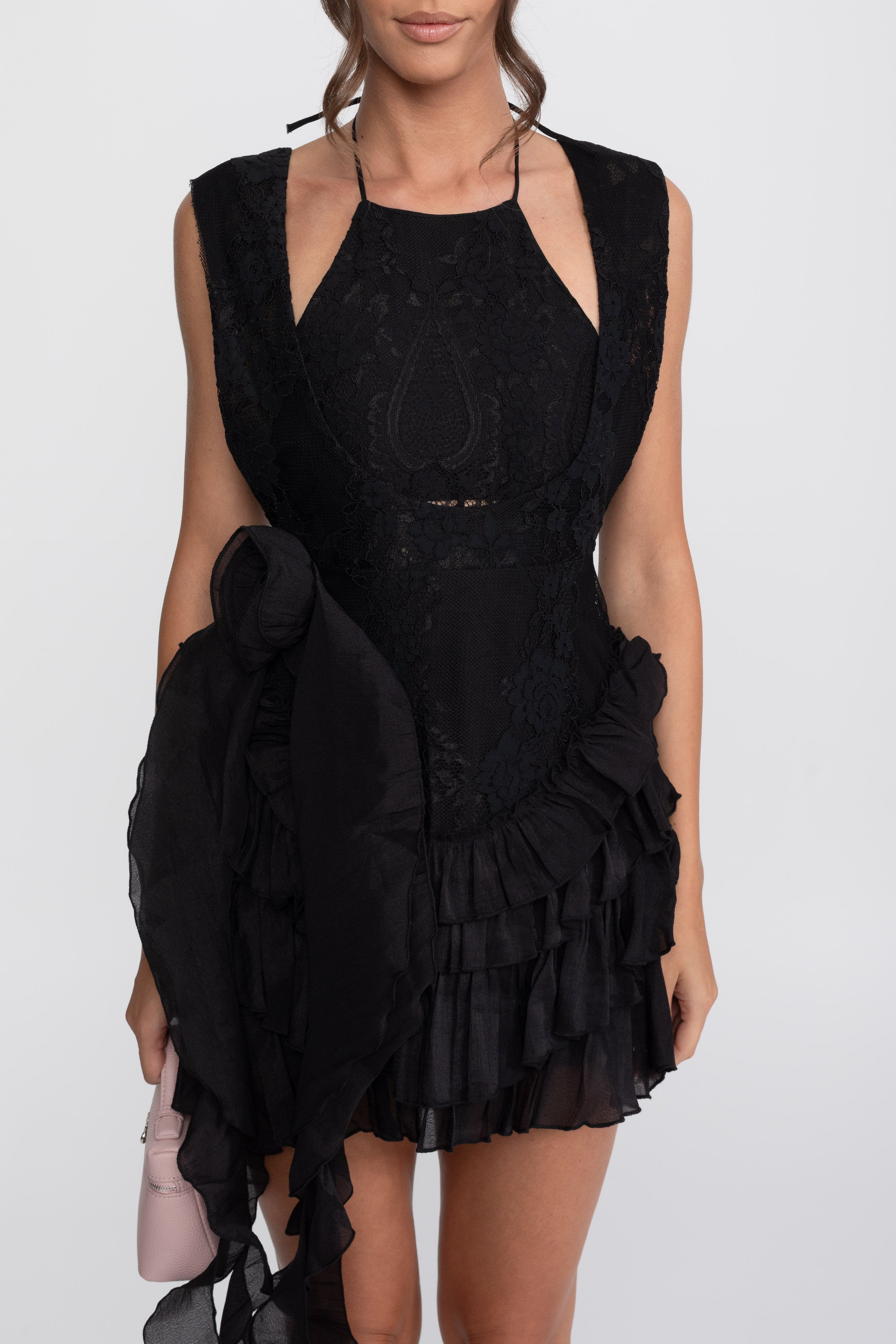 Lace Halter Rosette Mini Dress With Ruffle Skirt - Black
