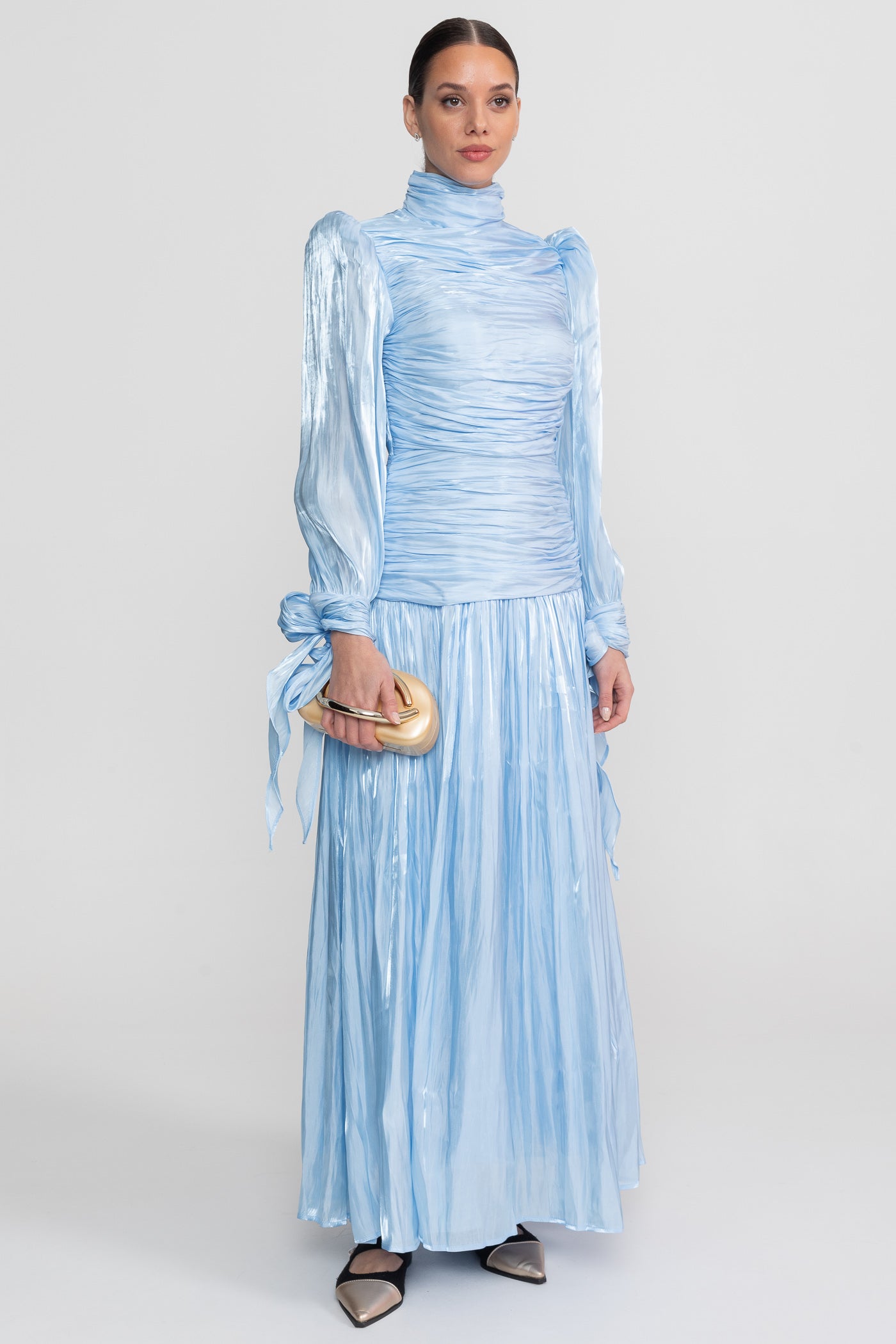 Ruched Long Sleeve Maxi Dress With Pleated Skirt - Sky Blue