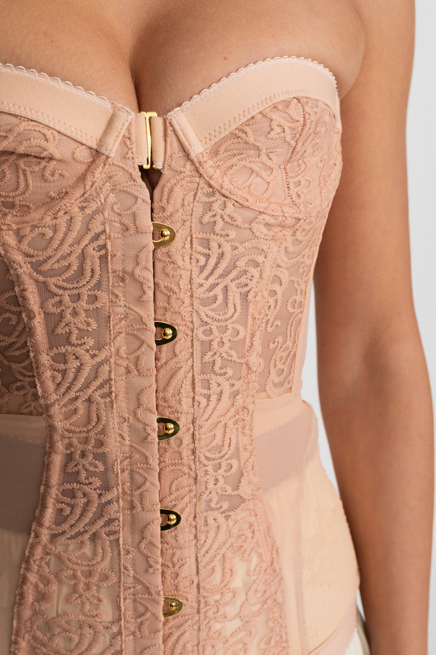 Strapless Lace Corset Top with Boning and Front Closure - Nude