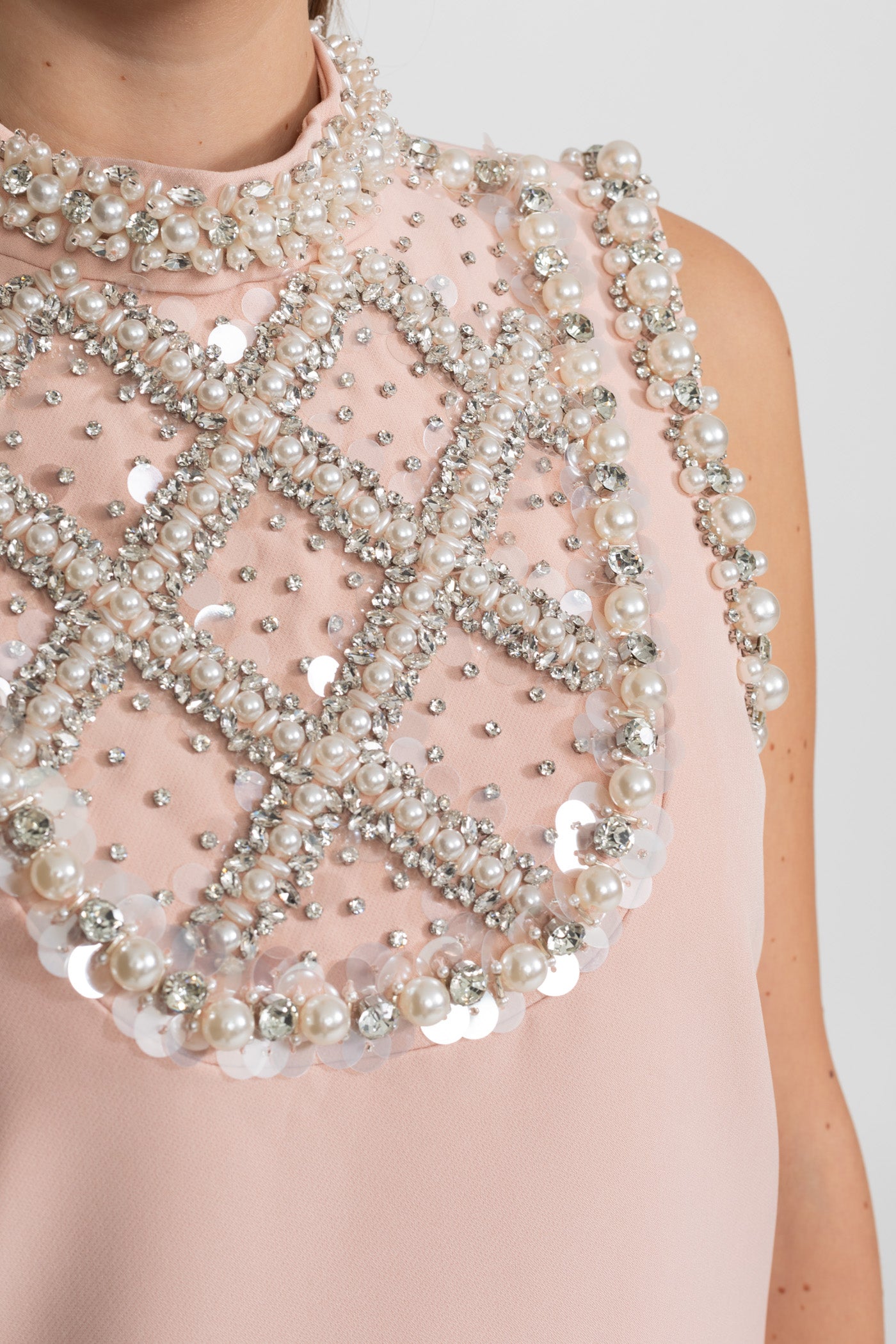 Embellished Sleeveless Mini Dress with High Neckline - Blush Pink