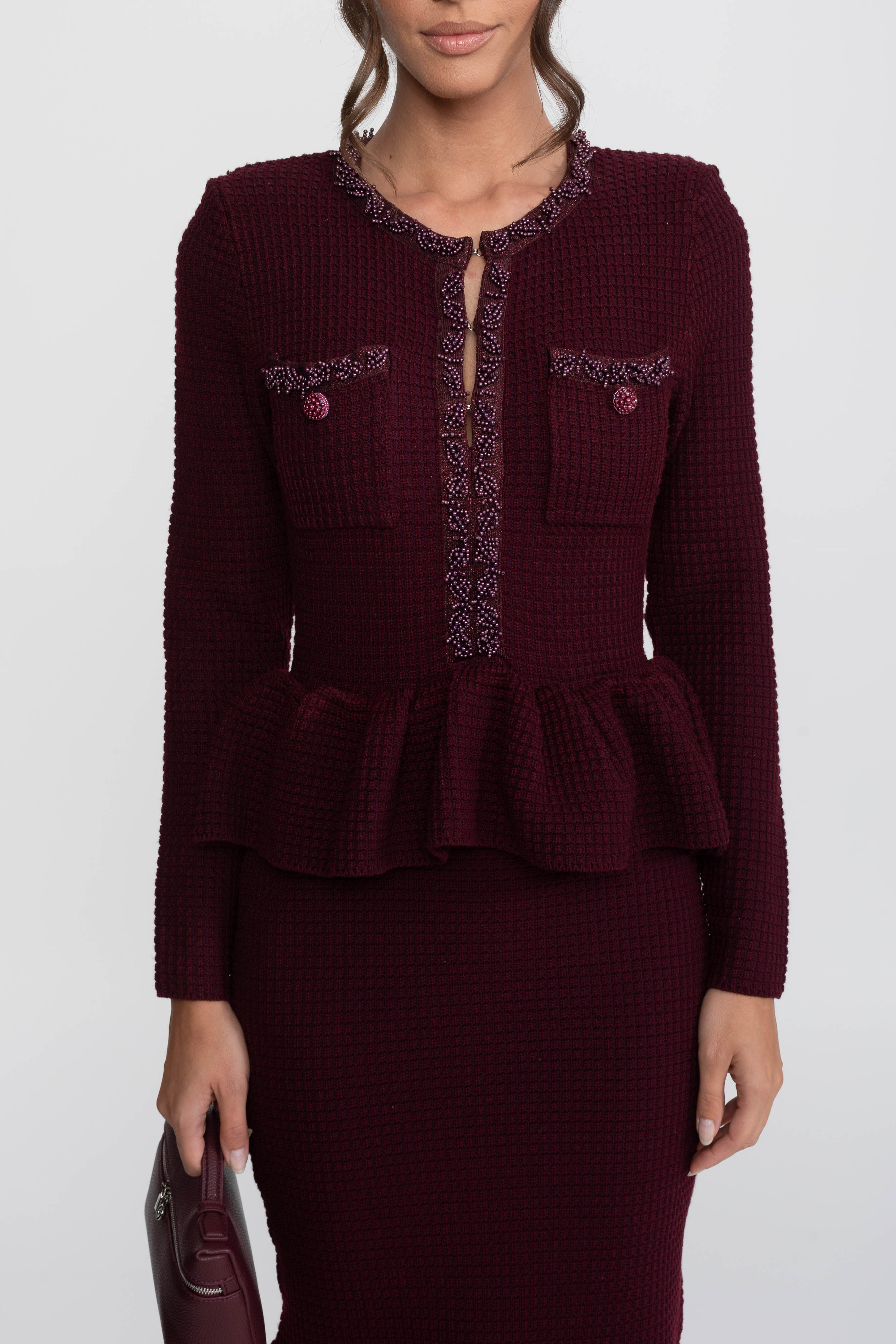 Abito Peplum in Maglia con Rifiniture Frangia e Tasche Frontali sul Petto - Burgundy 