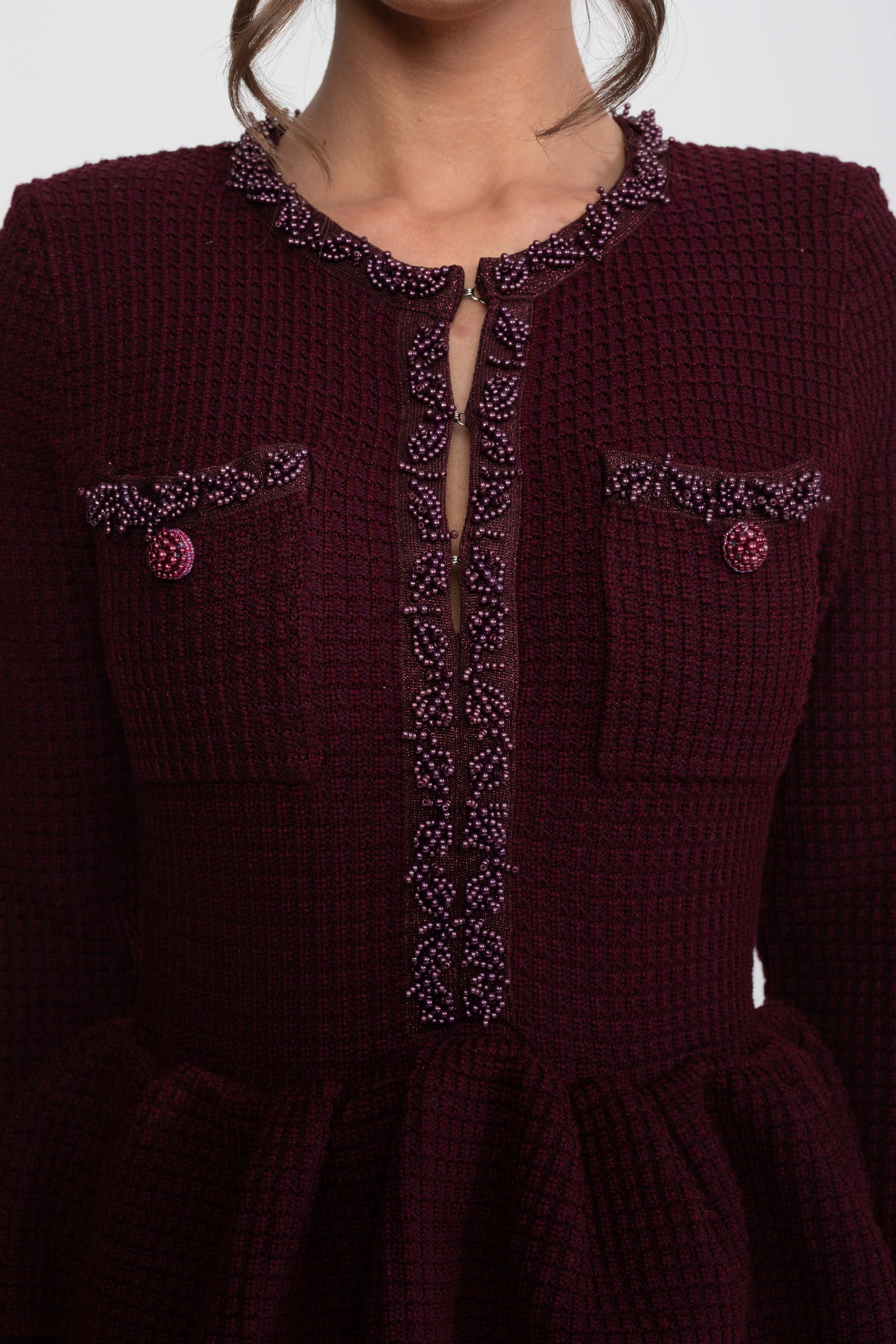 Abito Peplum in Maglia con Rifiniture Frangia e Tasche Frontali sul Petto - Burgundy 