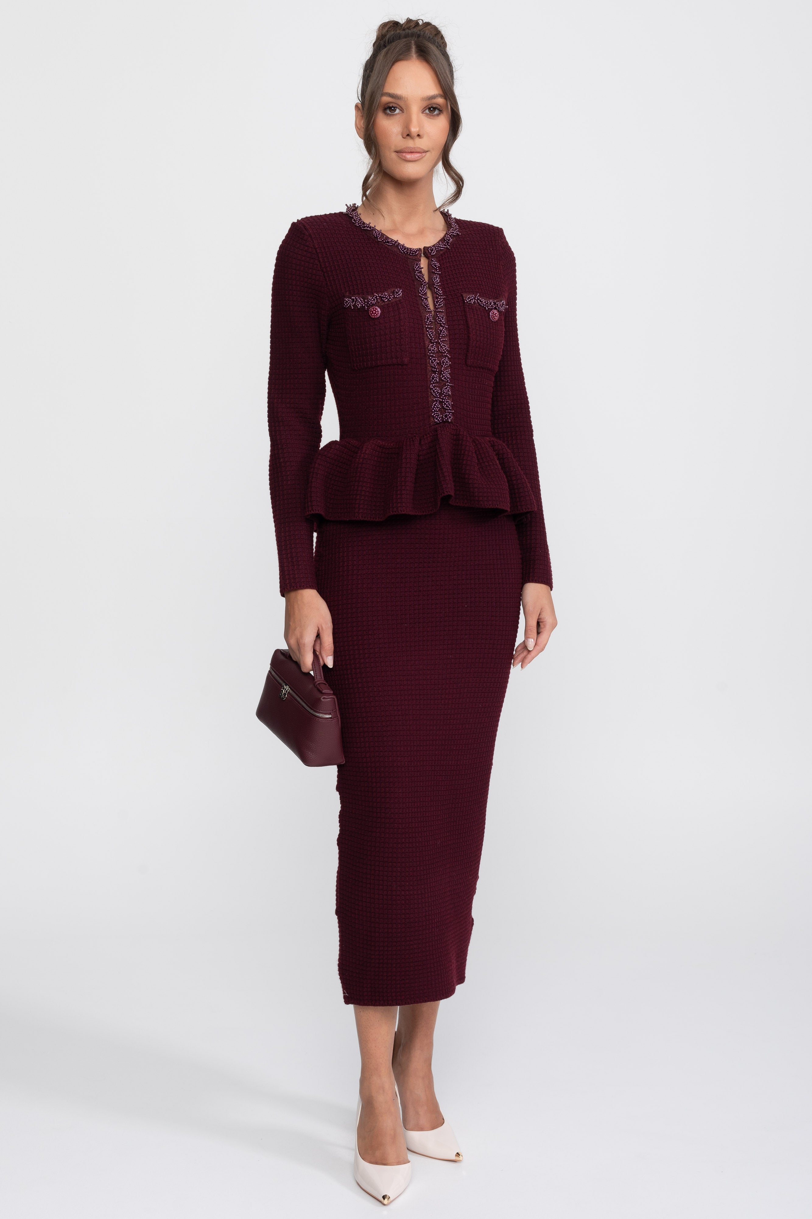 Abito Peplum in Maglia con Rifiniture Frangia e Tasche Frontali sul Petto - Burgundy 