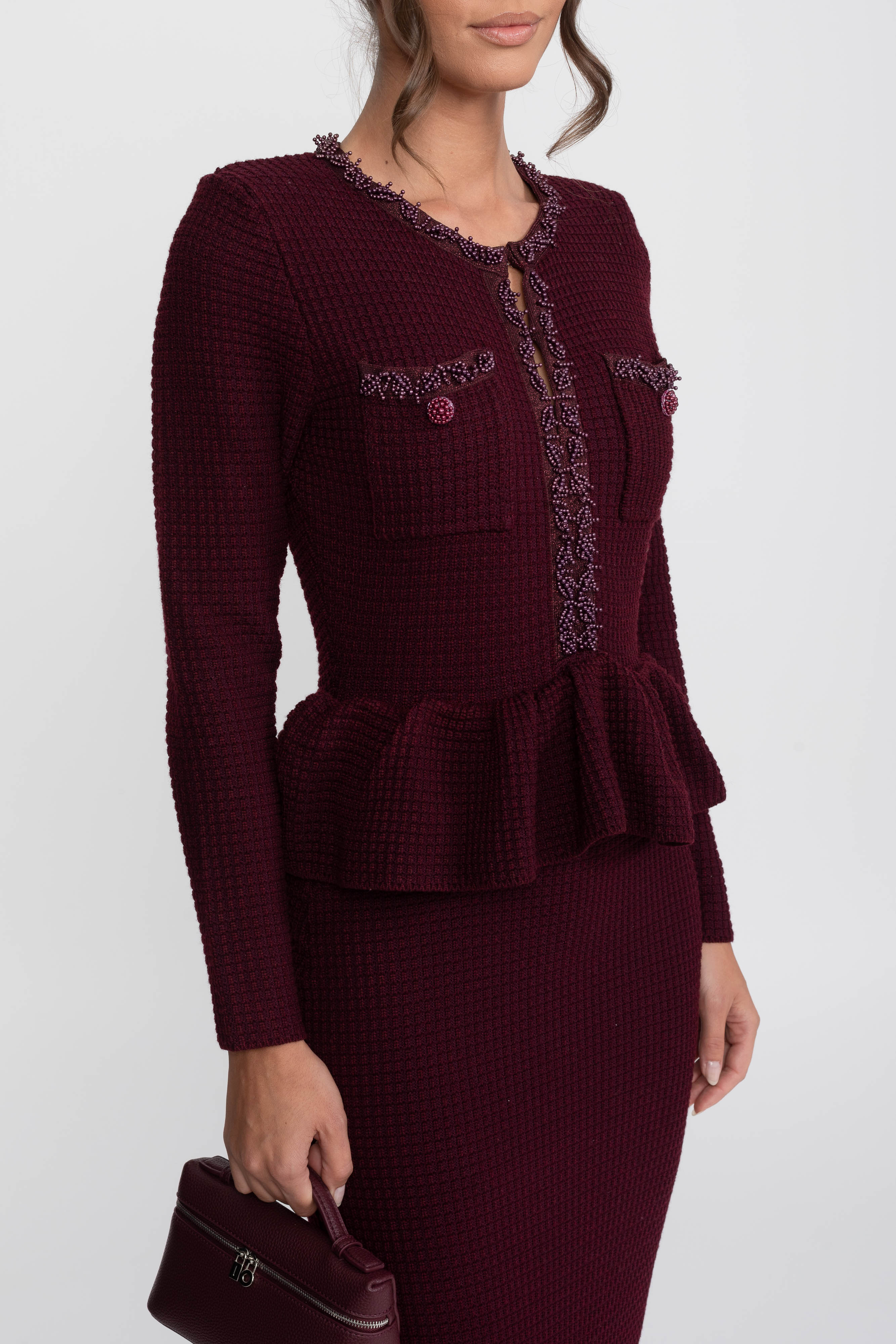 Abito Peplum in Maglia con Rifiniture Frangia e Tasche Frontali sul Petto - Burgundy 