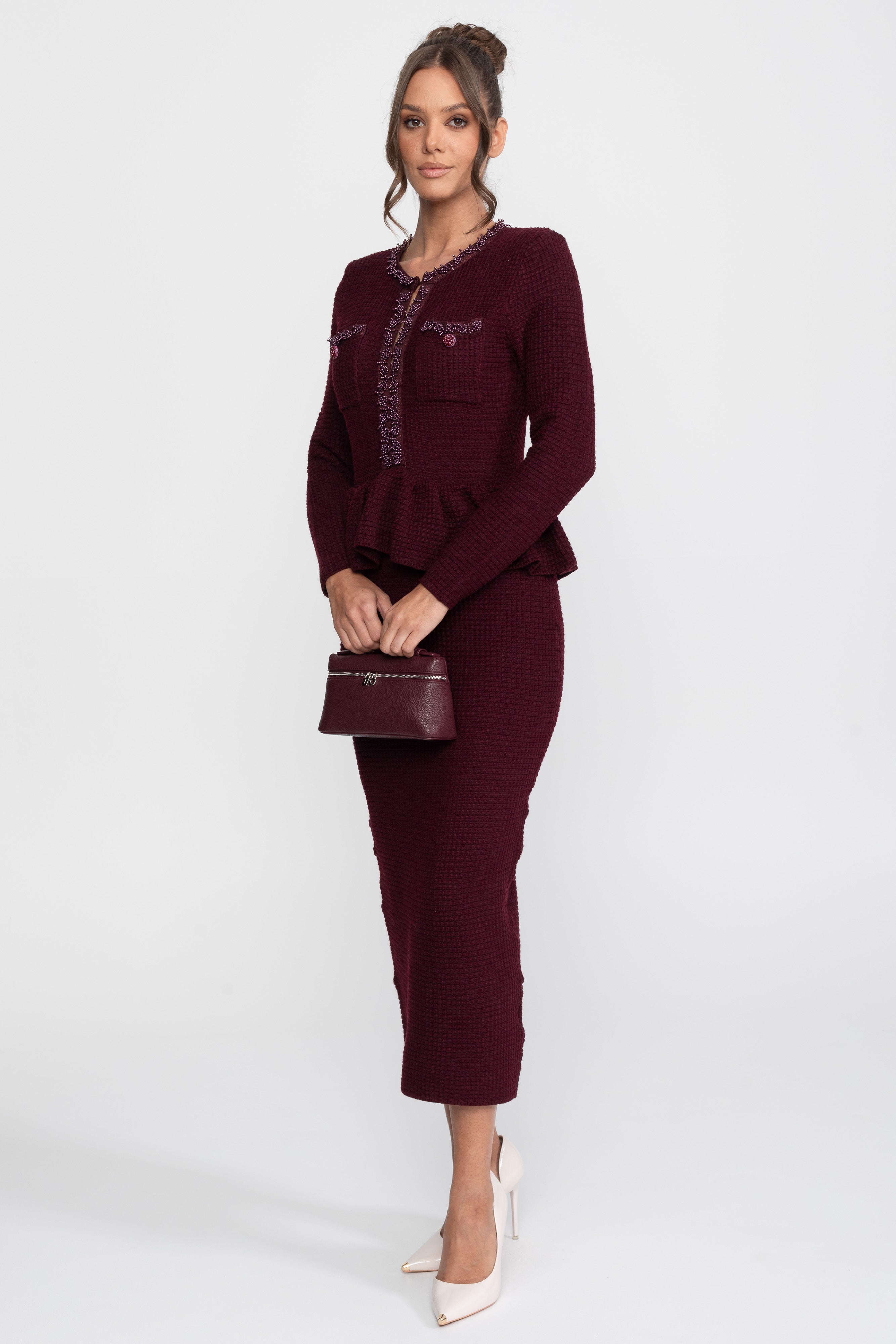 Abito Peplum in Maglia con Rifiniture Frangia e Tasche Frontali sul Petto - Burgundy 