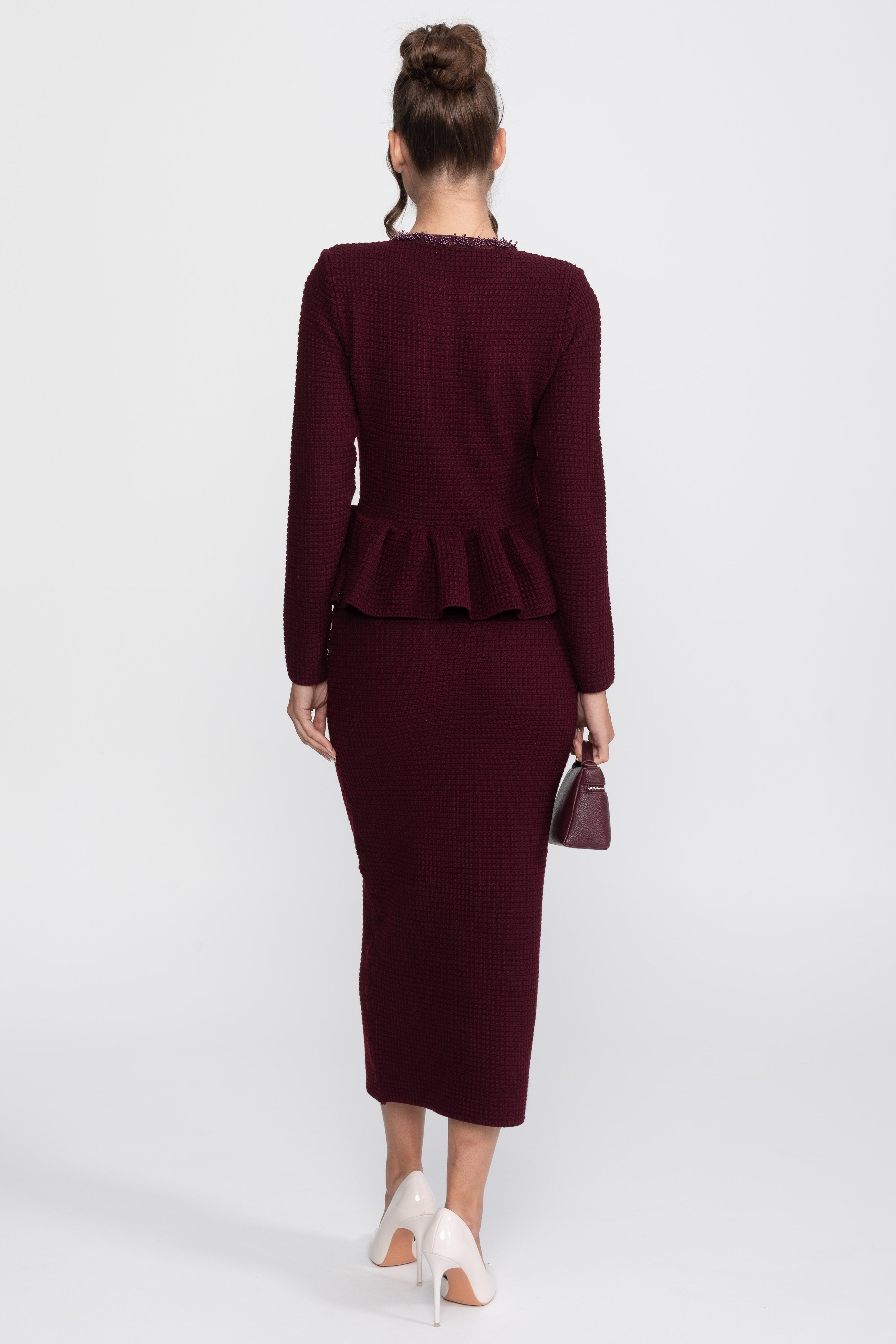Abito Peplum in Maglia con Rifiniture Frangia e Tasche Frontali sul Petto - Burgundy 