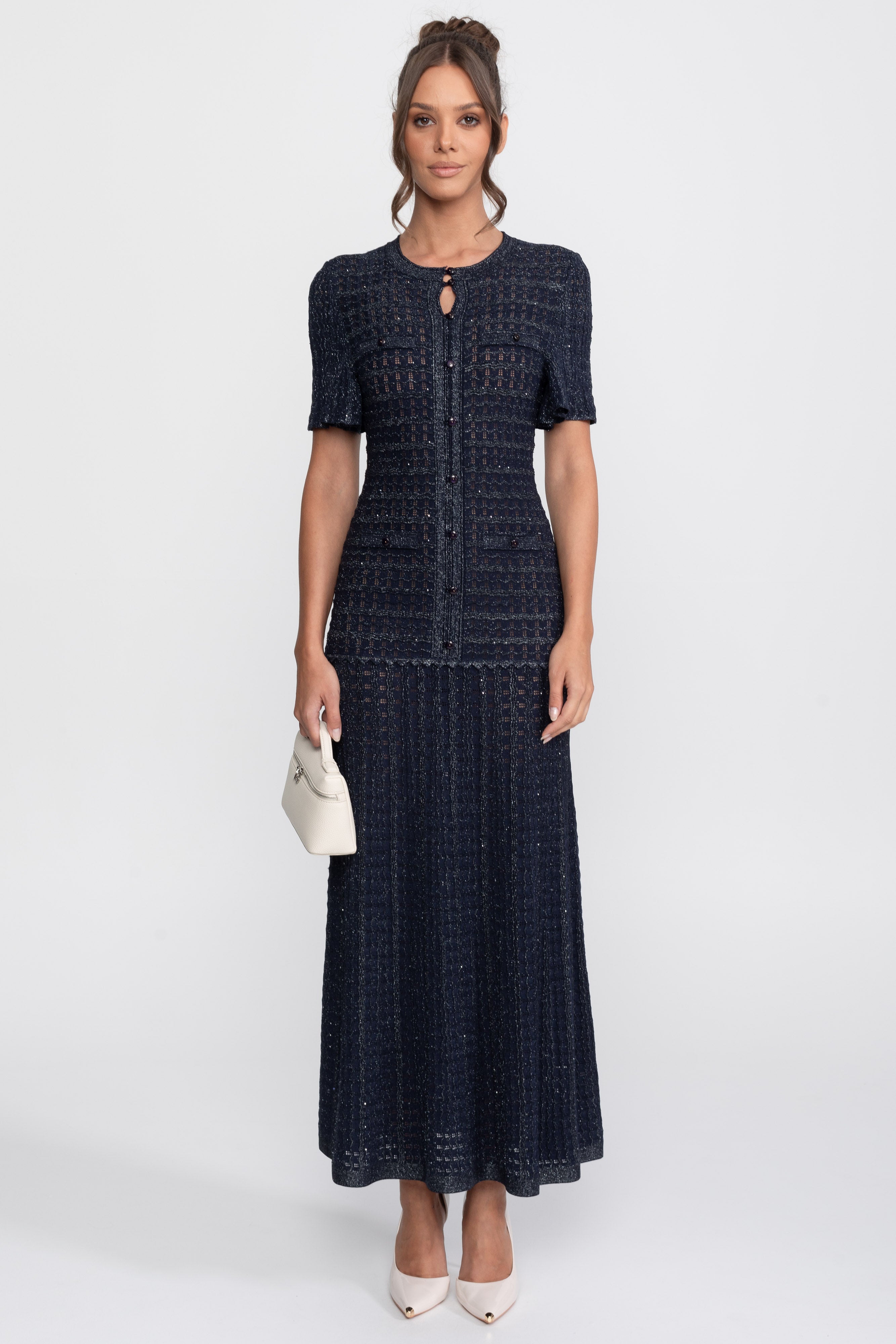 Abito midi a maniche corte con tessuto a maglia scintillante - Navy 