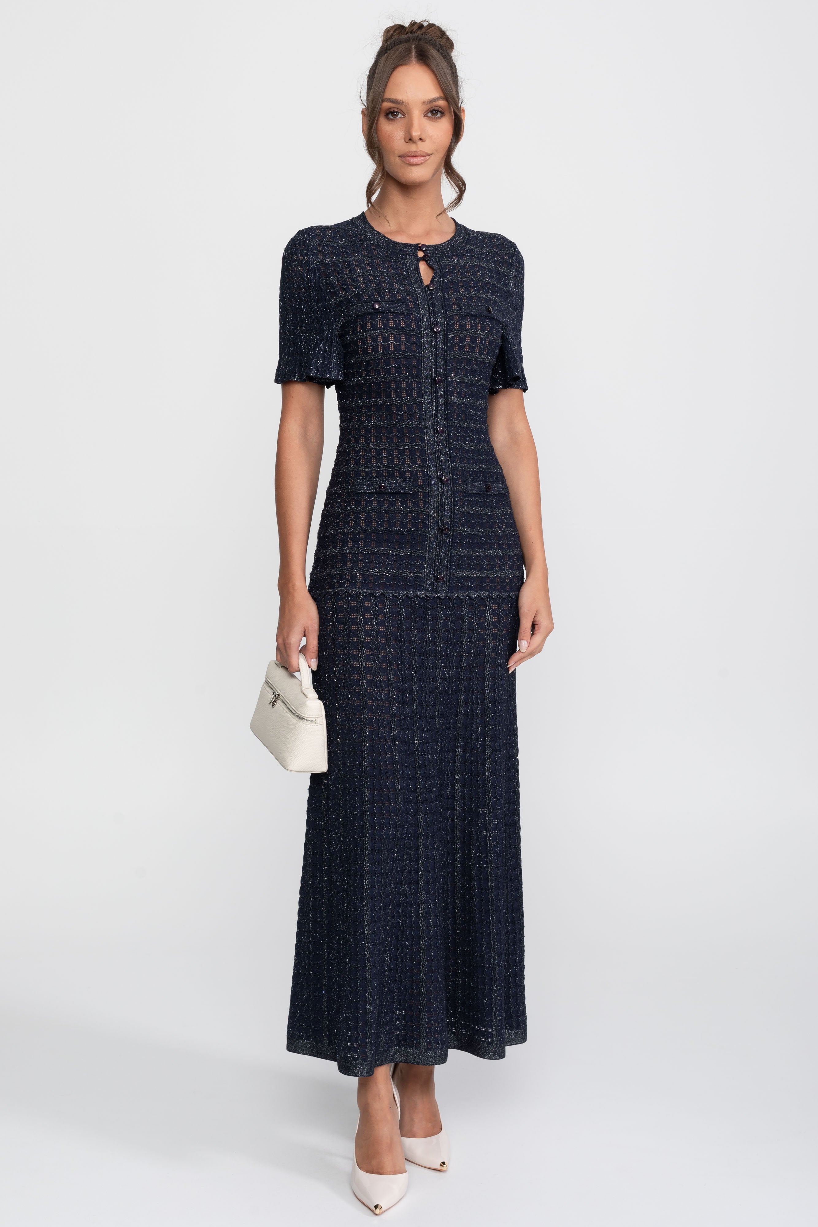 Abito midi a maniche corte con tessuto a maglia scintillante - Navy 