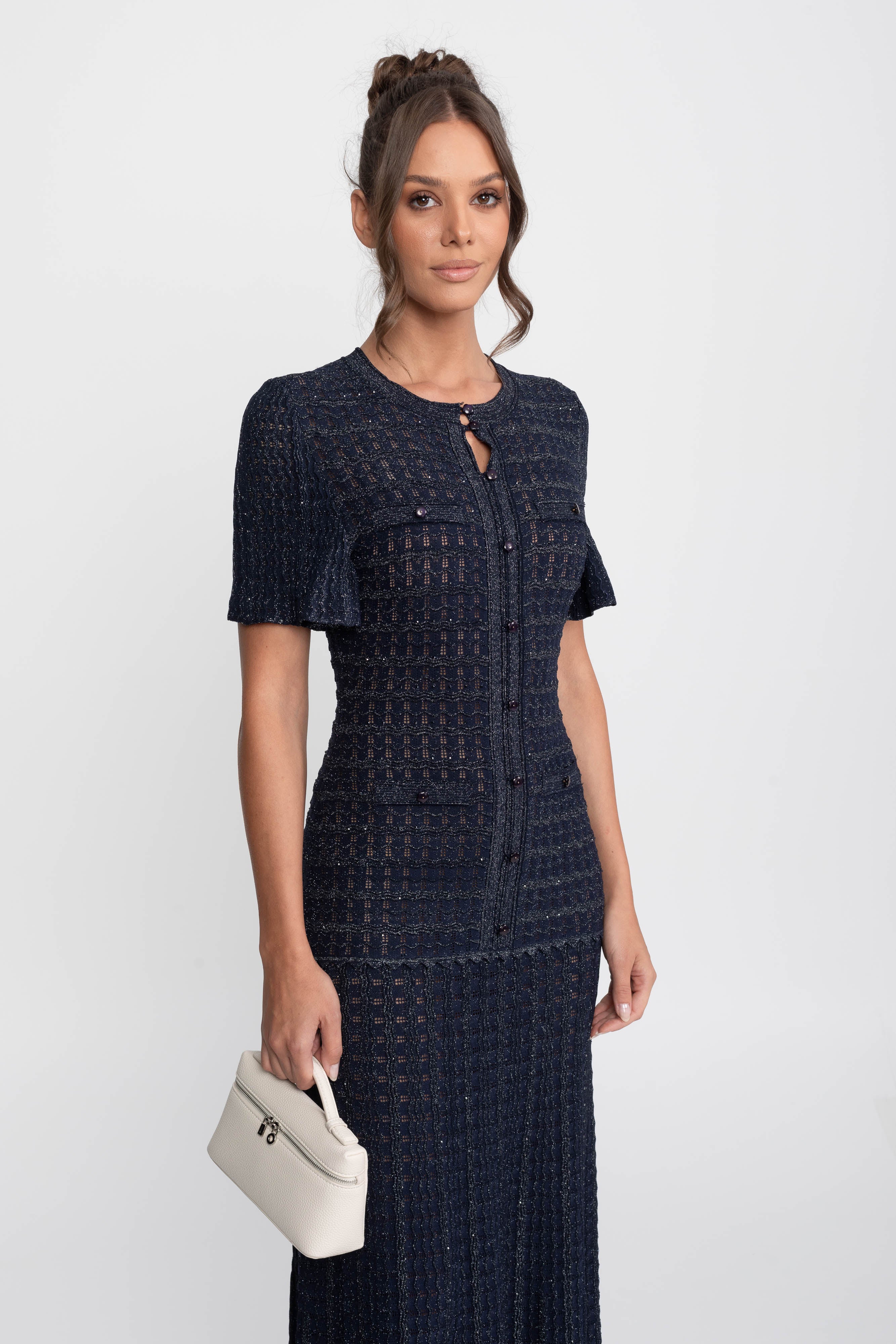 Abito midi a maniche corte con tessuto a maglia scintillante - Navy 