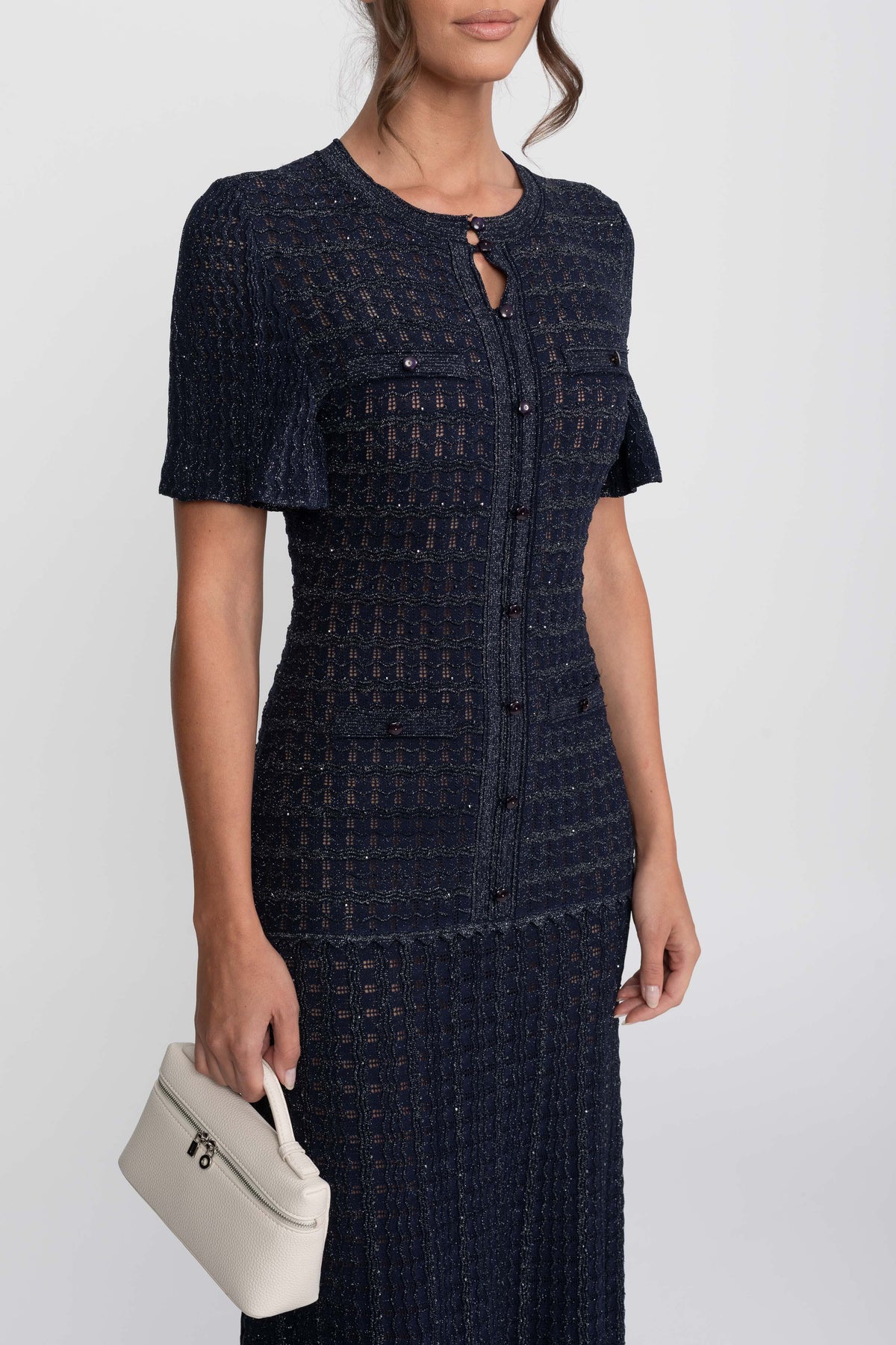 Abito midi a maniche corte con tessuto a maglia scintillante - Navy 