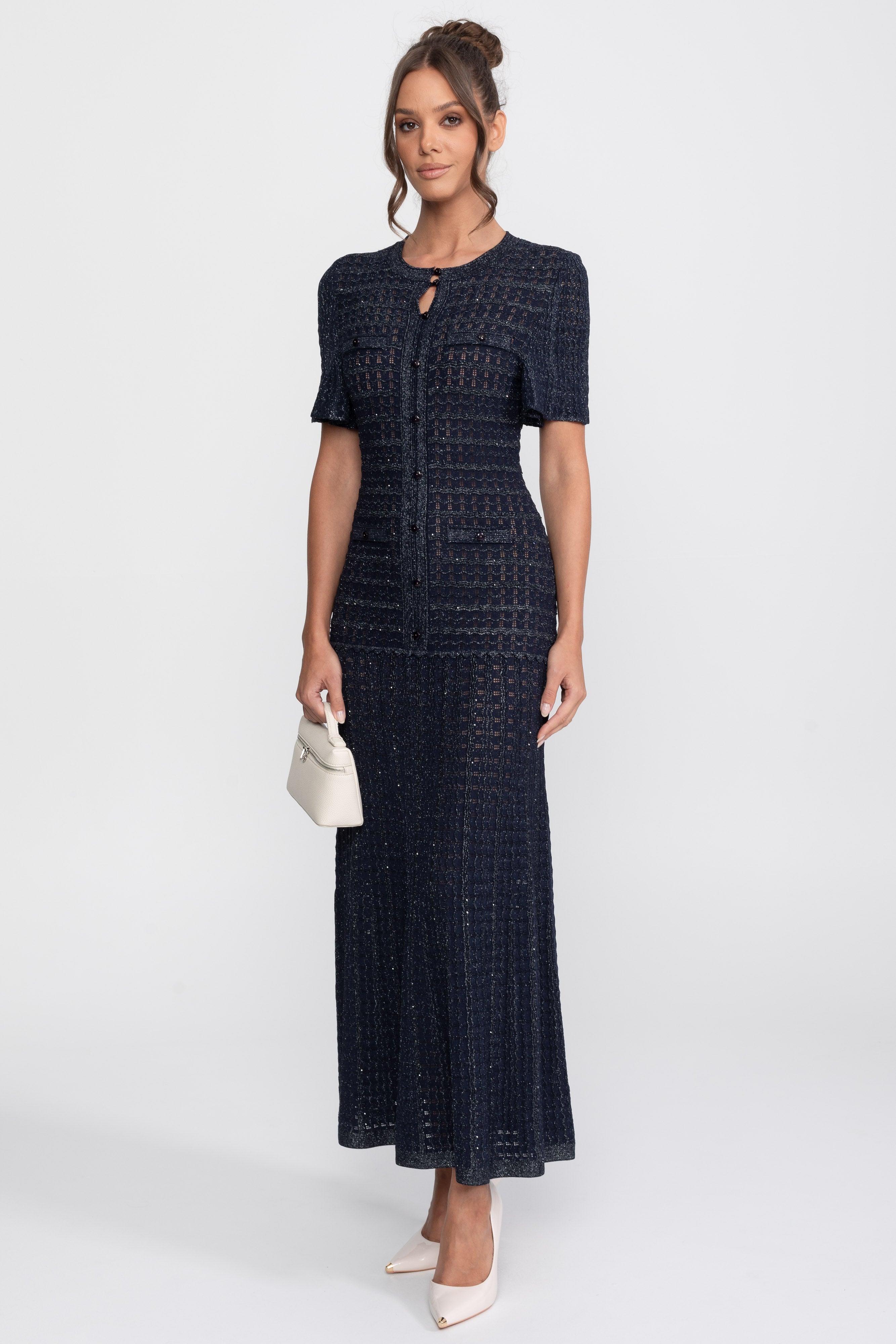 Abito midi a maniche corte con tessuto a maglia scintillante - Navy 