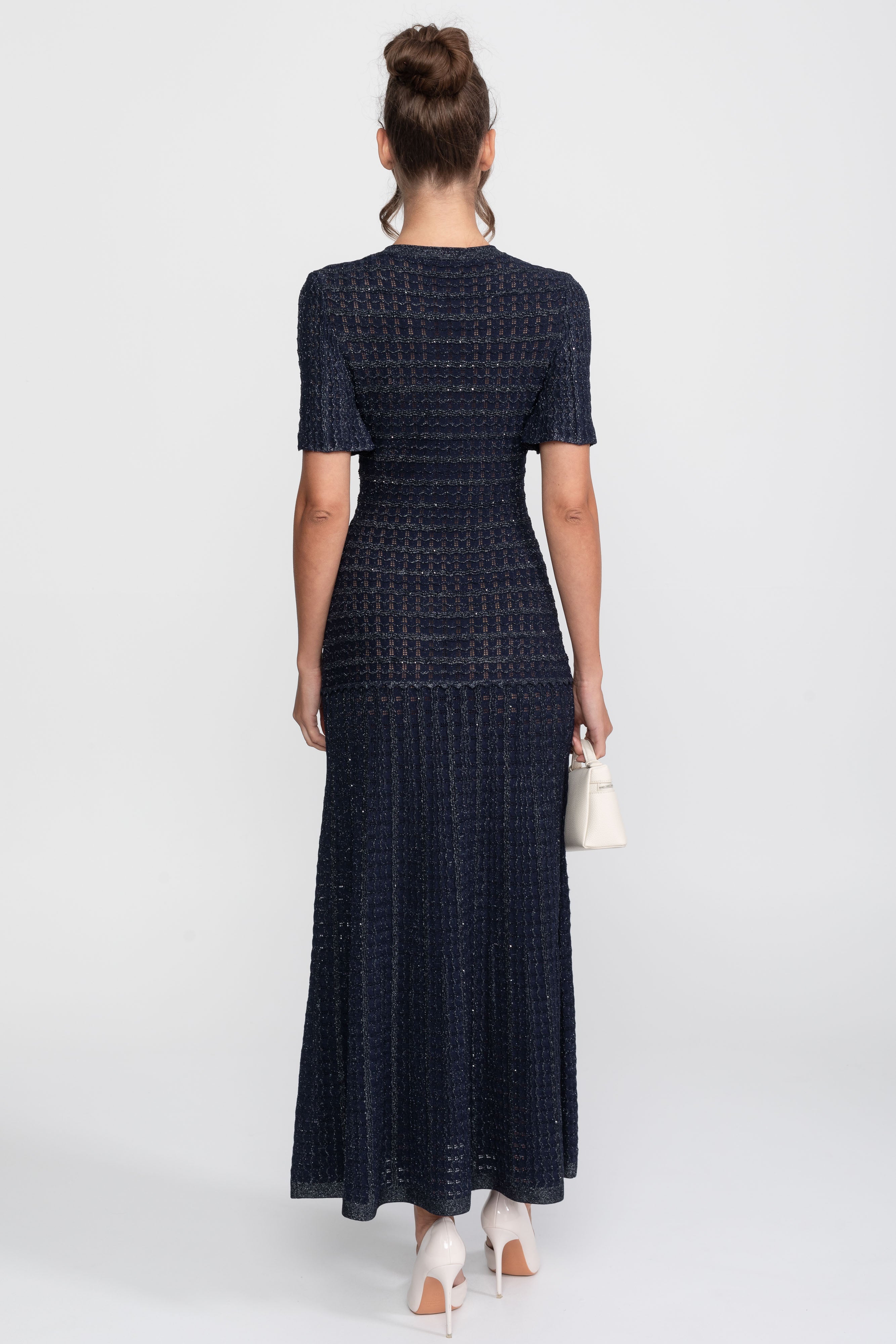 Abito midi a maniche corte con tessuto a maglia scintillante - Navy 