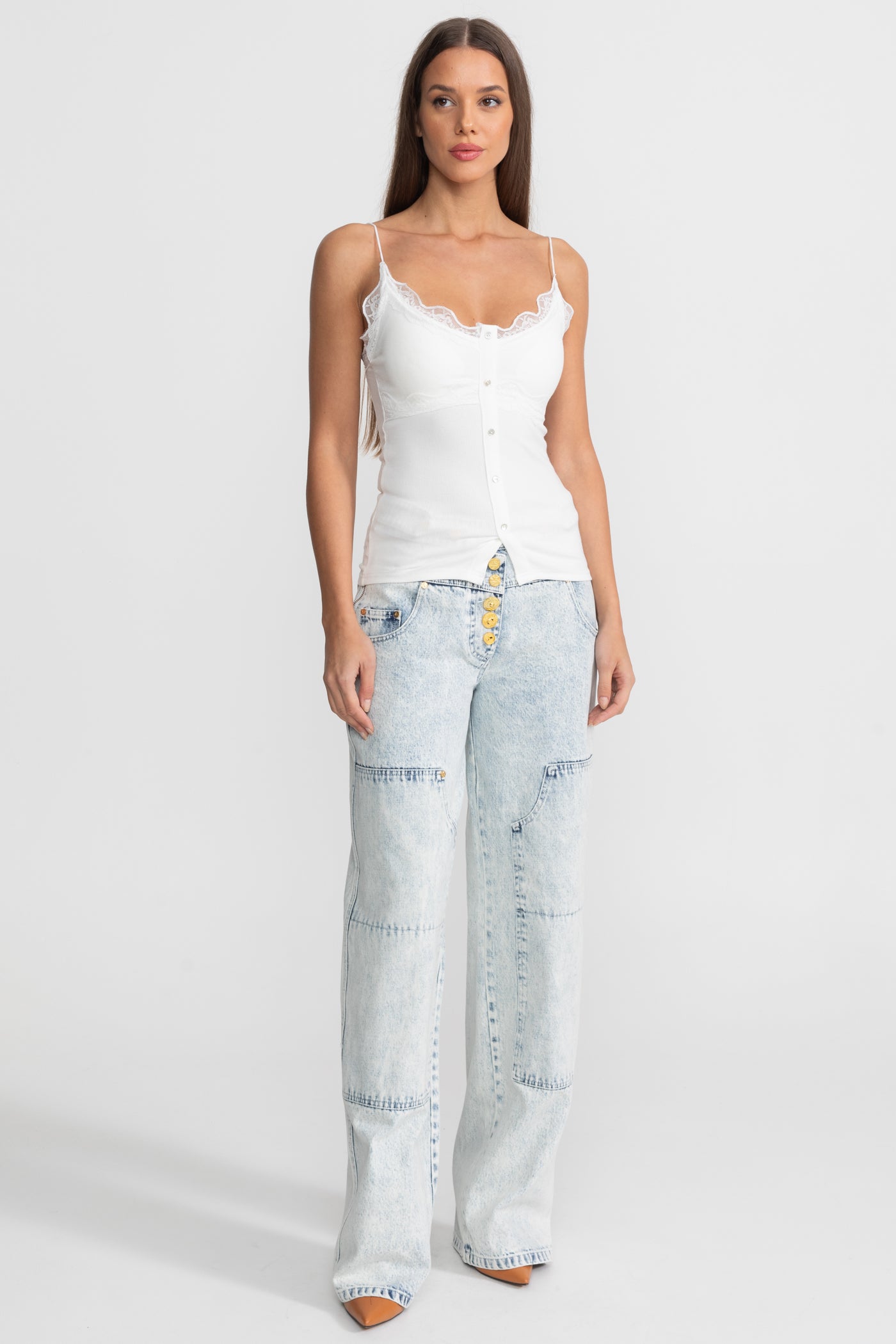 Lace-Trimmed Ribbed Camisole with Buttoned Front - White
