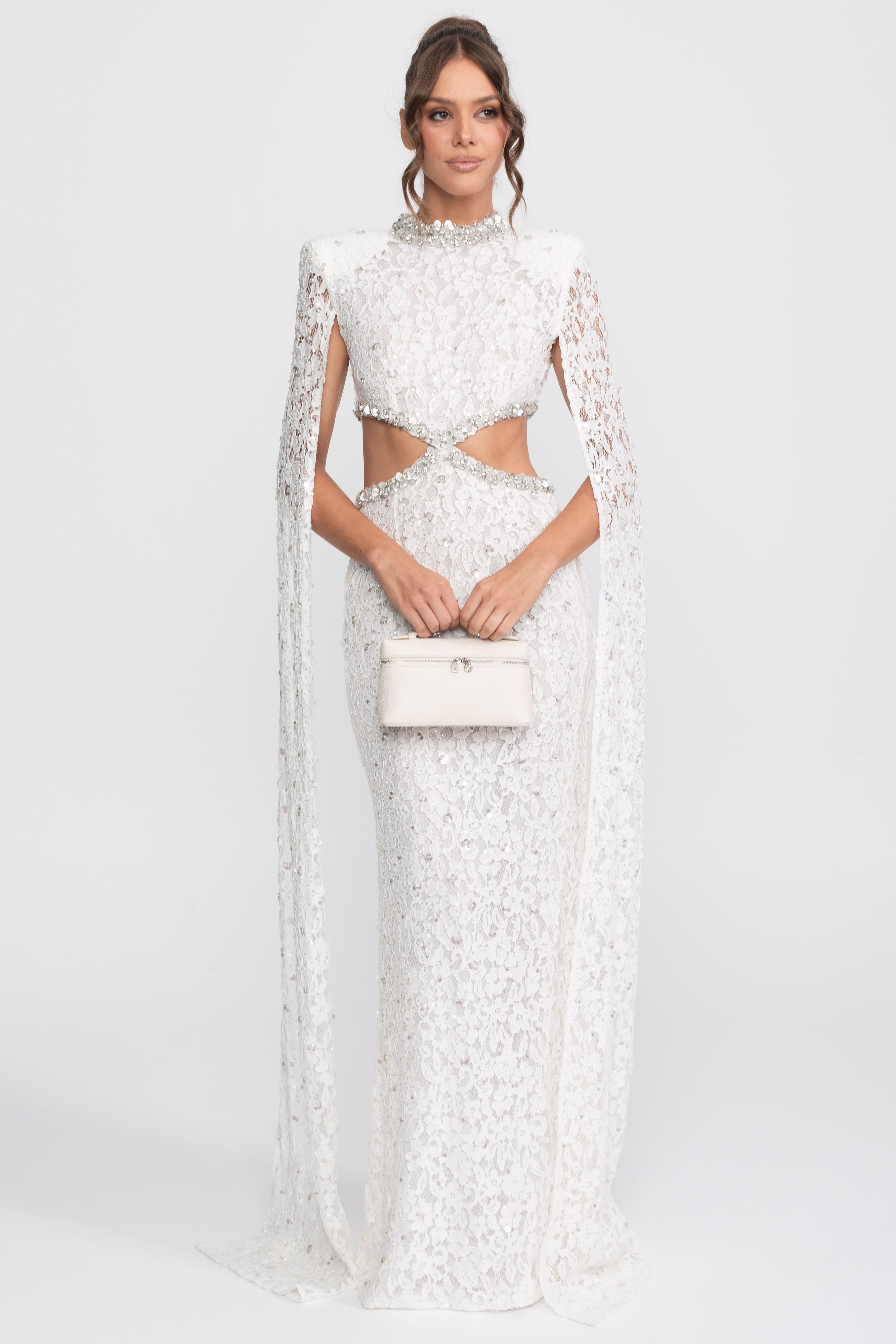 Crystal Cutout Lace Gown With Sequin Embellishments - White