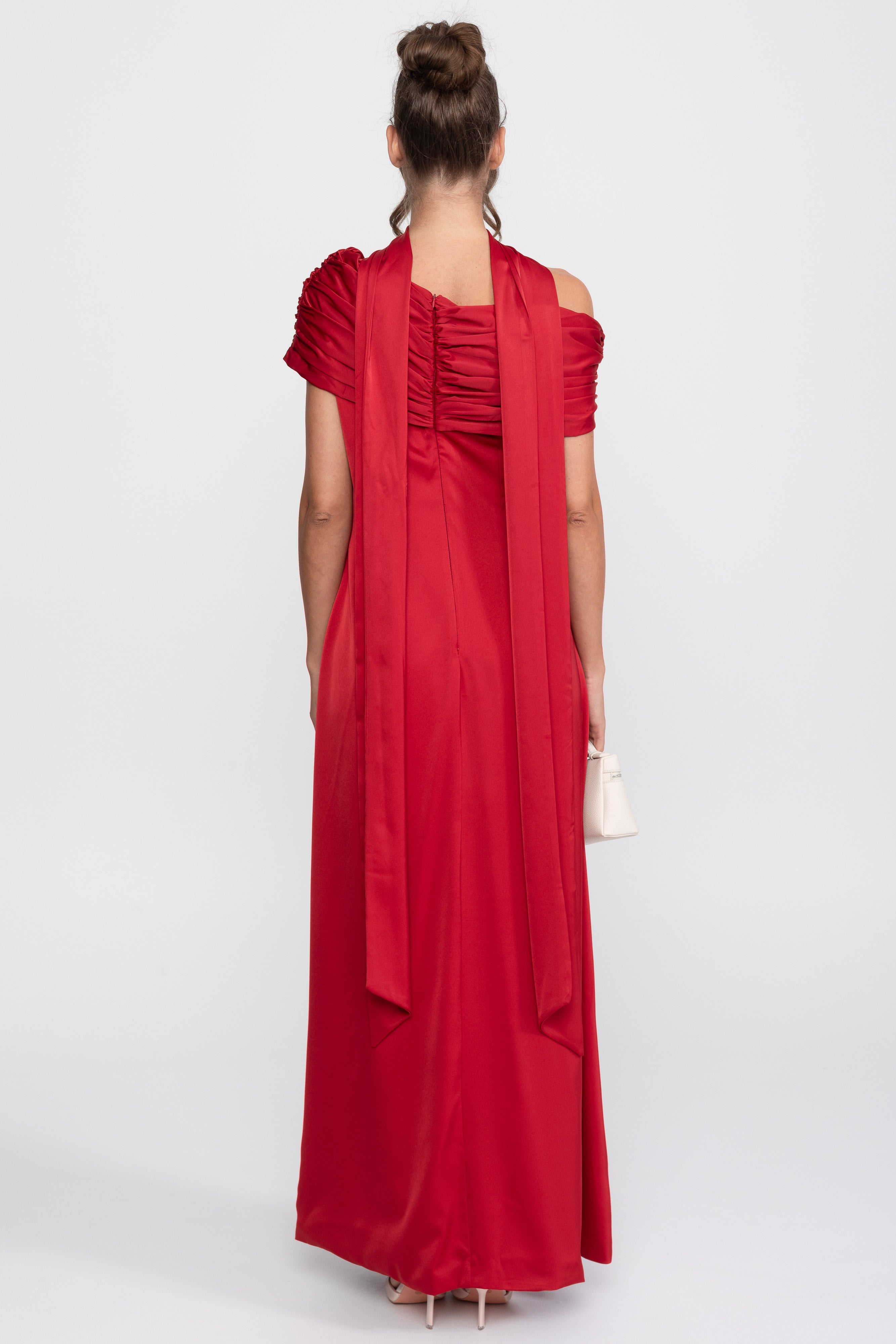 One-Shoulder Draped Satin Gown With Ruched Wrap - Red