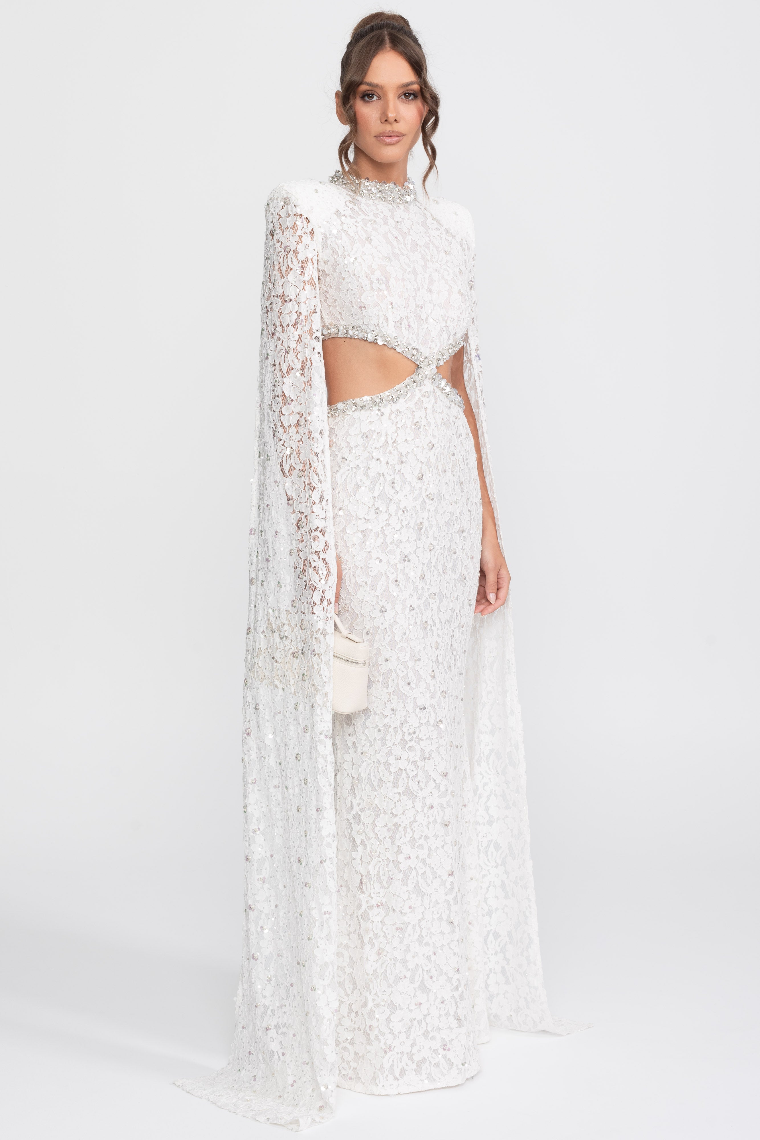 Crystal Cutout Lace Gown With Sequin Embellishments - White