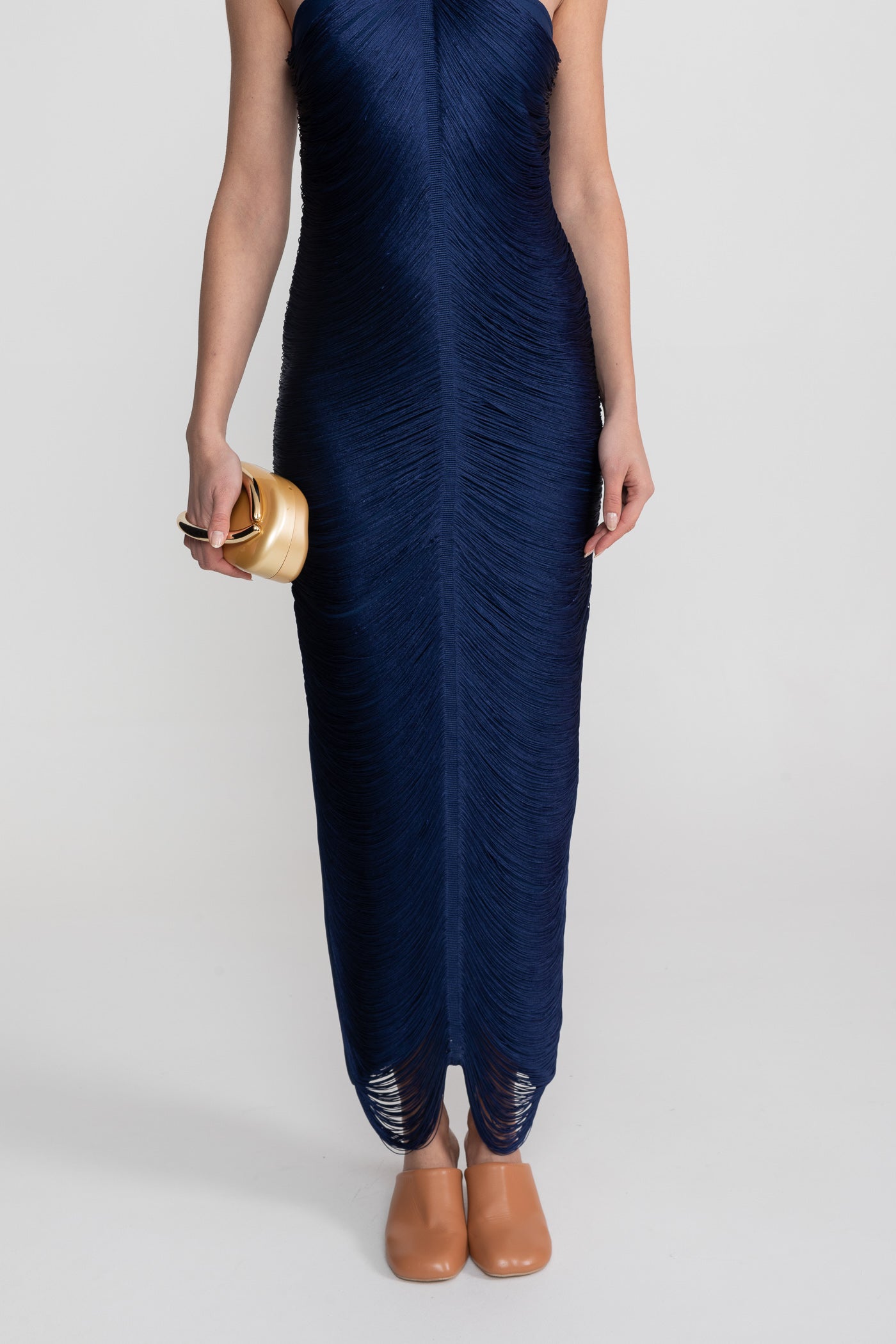 Abito Midi con Collo a Halter e Texture Plissettata su Tutto il Tessuto - Blue 