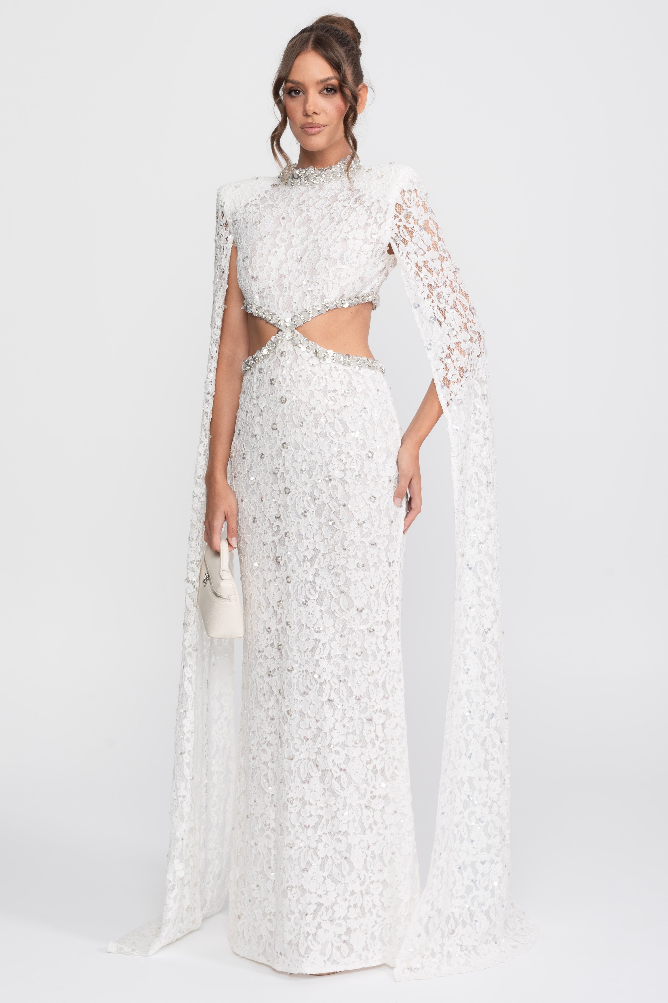 Crystal Cutout Lace Gown With Sequin Embellishments - White