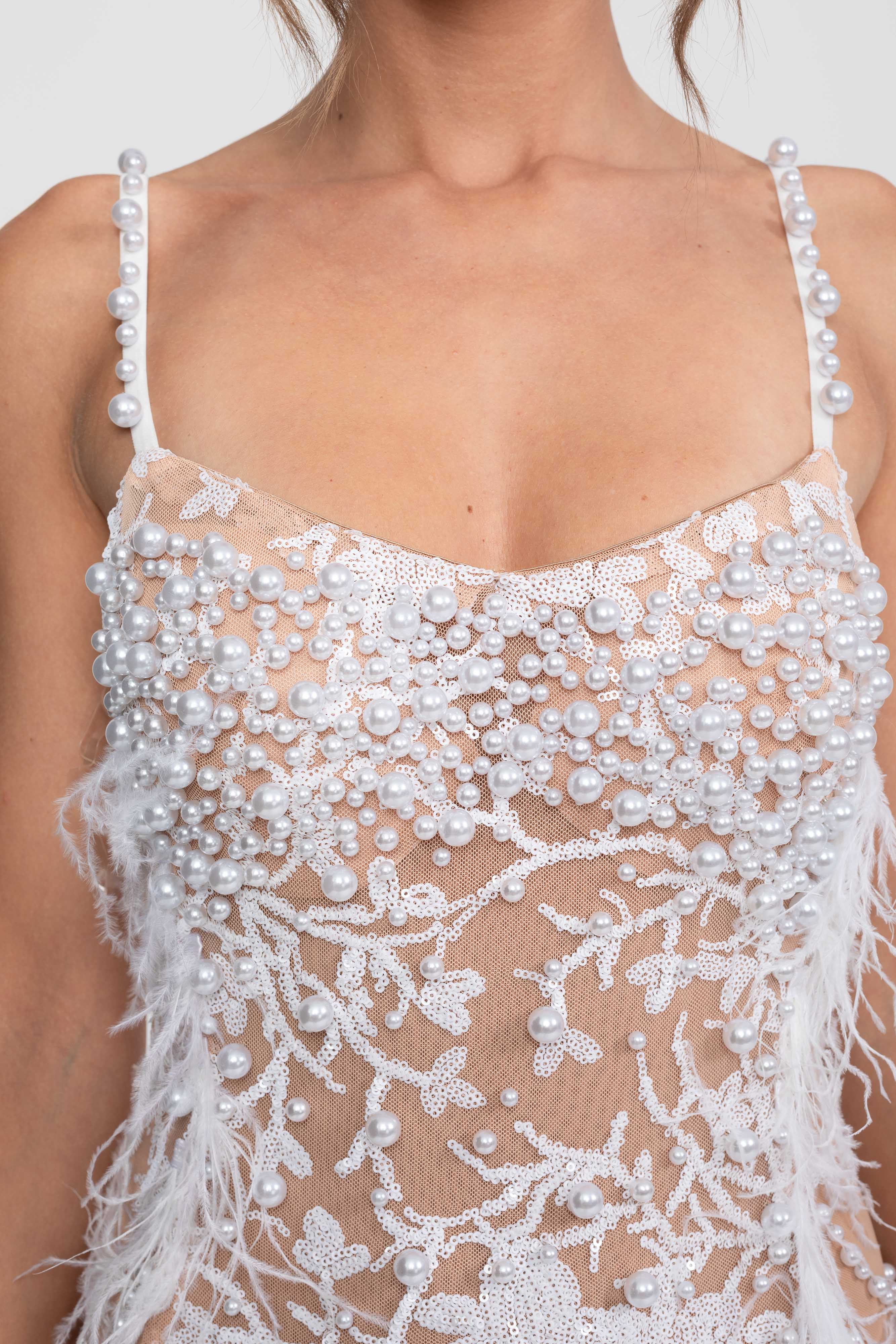 Feather Trim Beaded Lace Gown With Pearl Straps - White
