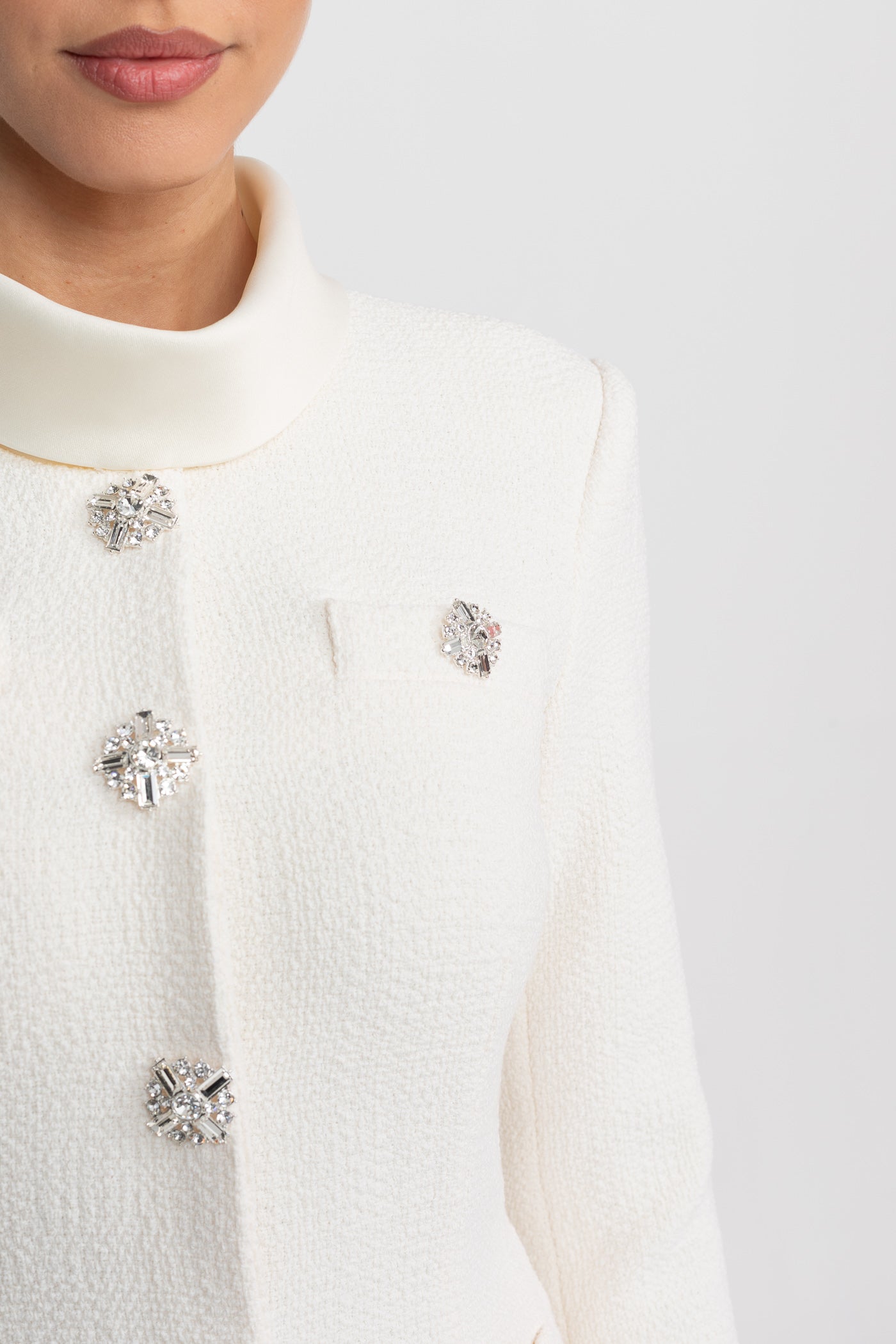 Textured Midi Dress With High Neck Jacket And Crystal Button Detail - White