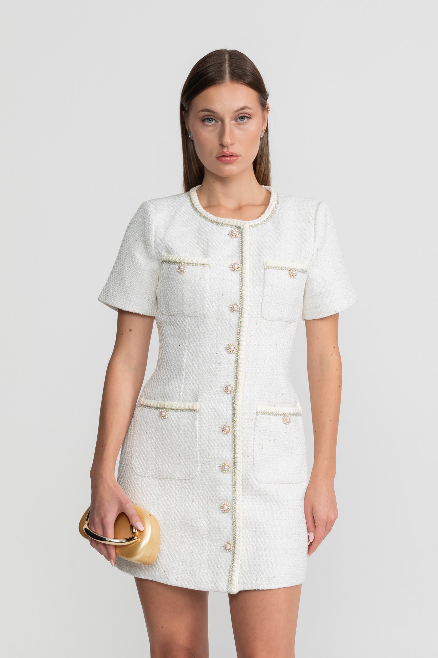 Abito mini in tweed con dettagli di perle – Bianco 