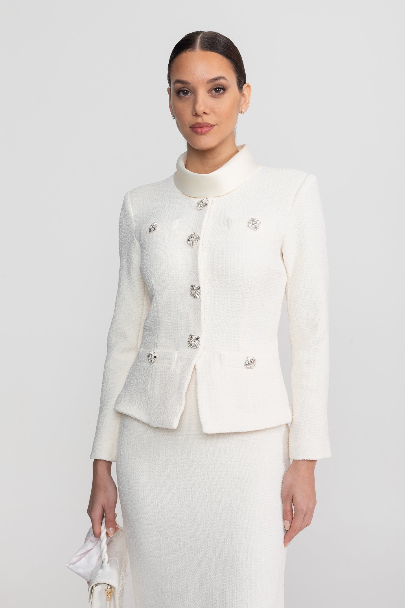 Textured Midi Dress With High Neck Jacket And Crystal Button Detail - White