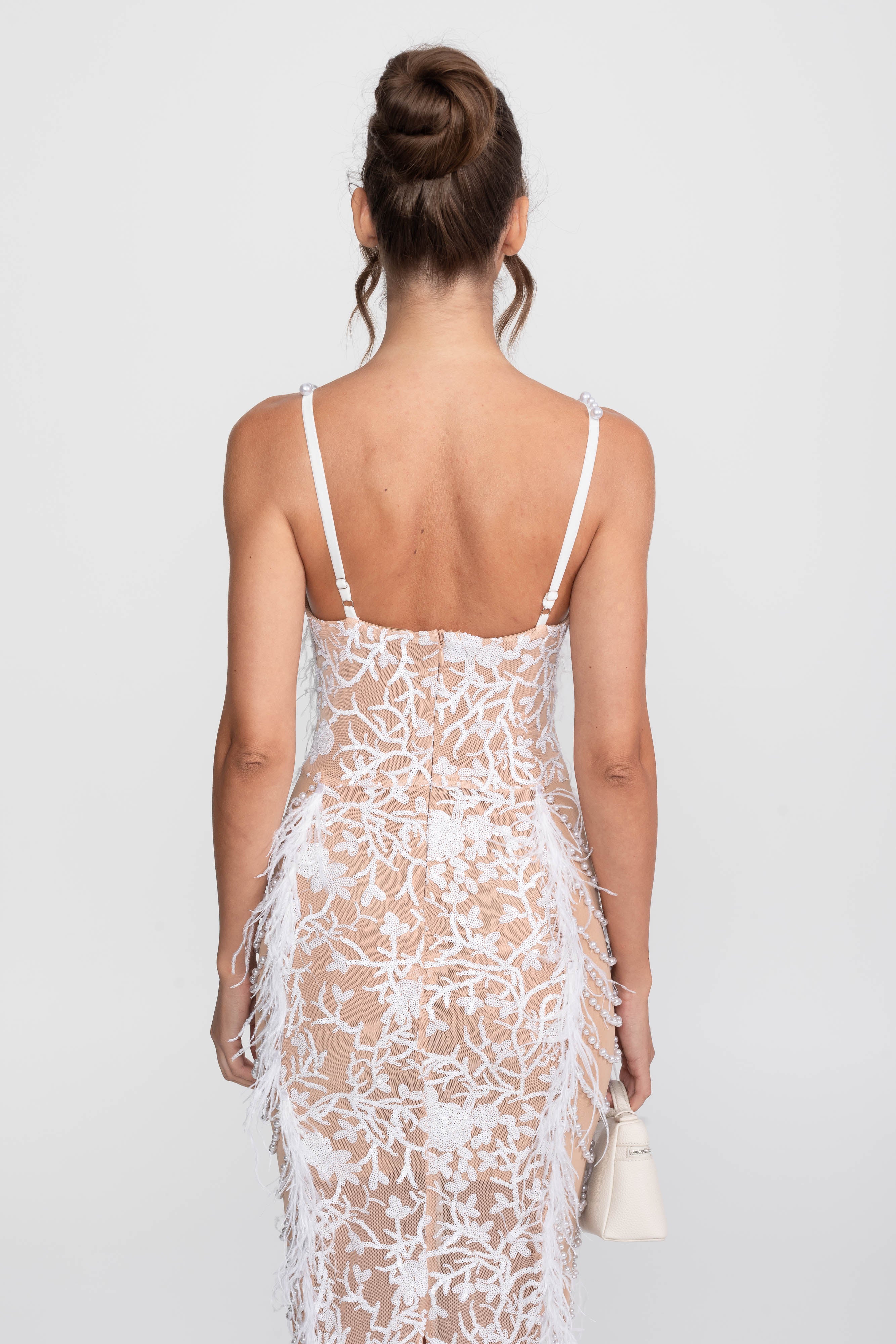 Feather Trim Beaded Lace Gown With Pearl Straps - White