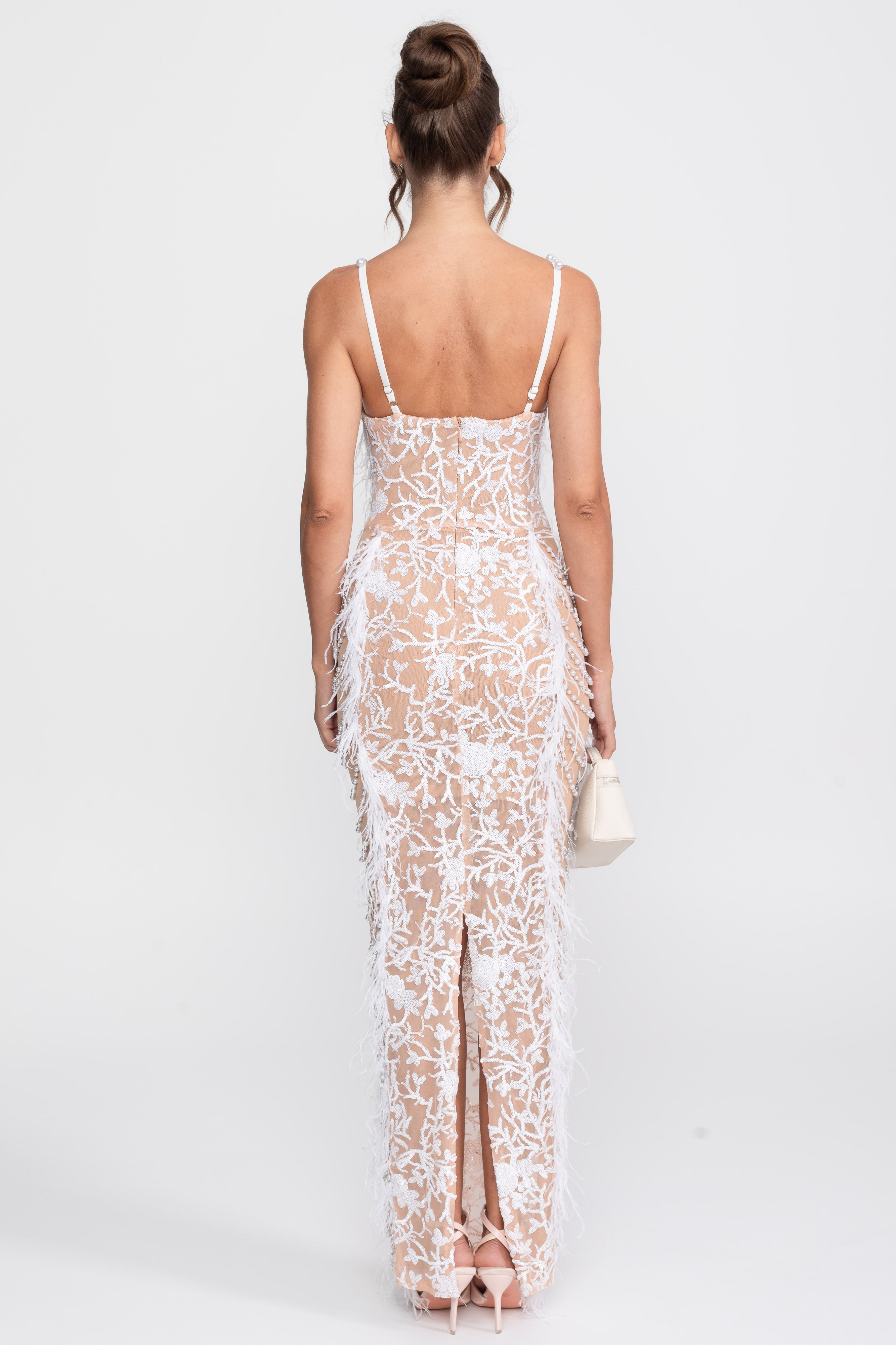 Feather Trim Beaded Lace Gown With Pearl Straps - White